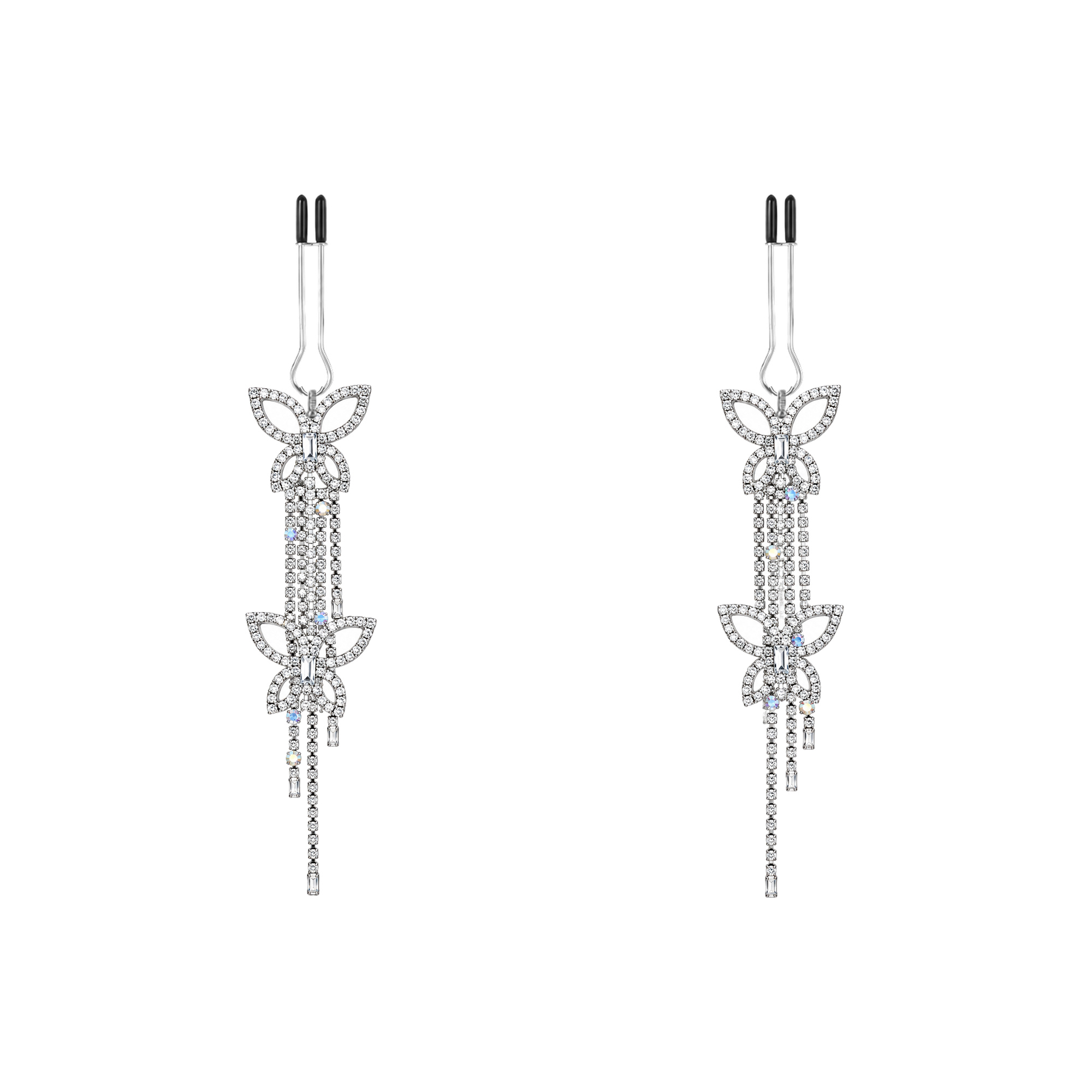 A pair of silver-tone non-piercing clips: two butterfly motifs with fine fringe