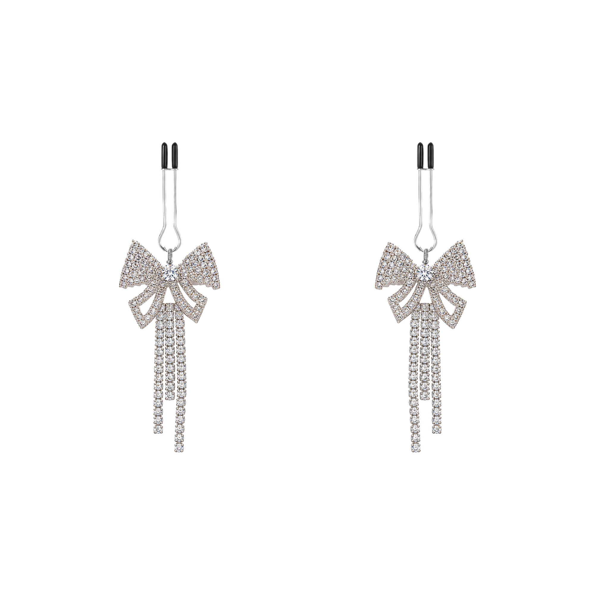 A pair of silver-tone non-piercing clips: bow motif with trailing fringe