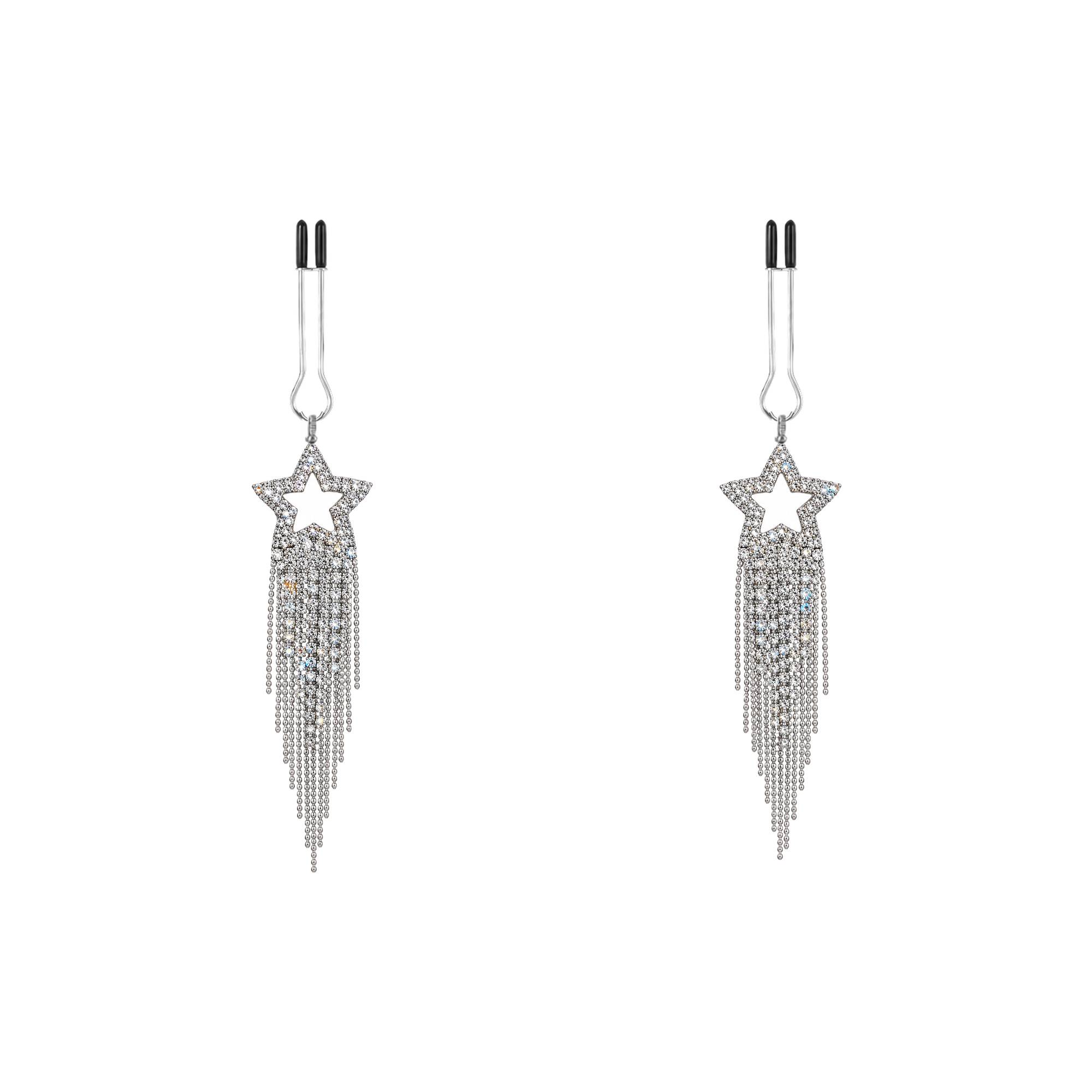 A pair of silver-tone non-piercing clips: open star motif with tapered fringe