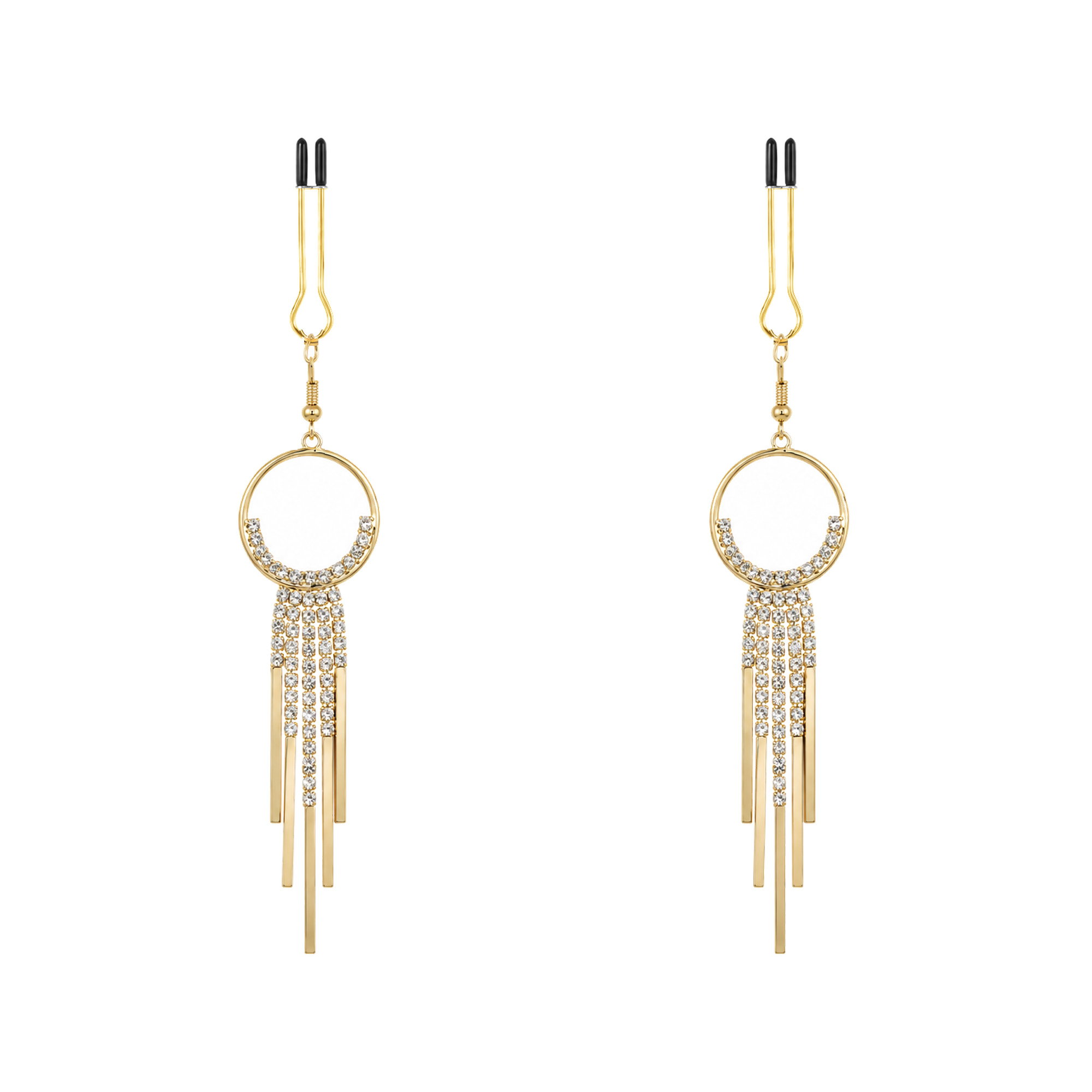 A pair of gold-tone non-piercing clips: open circular motif with trailing fringe