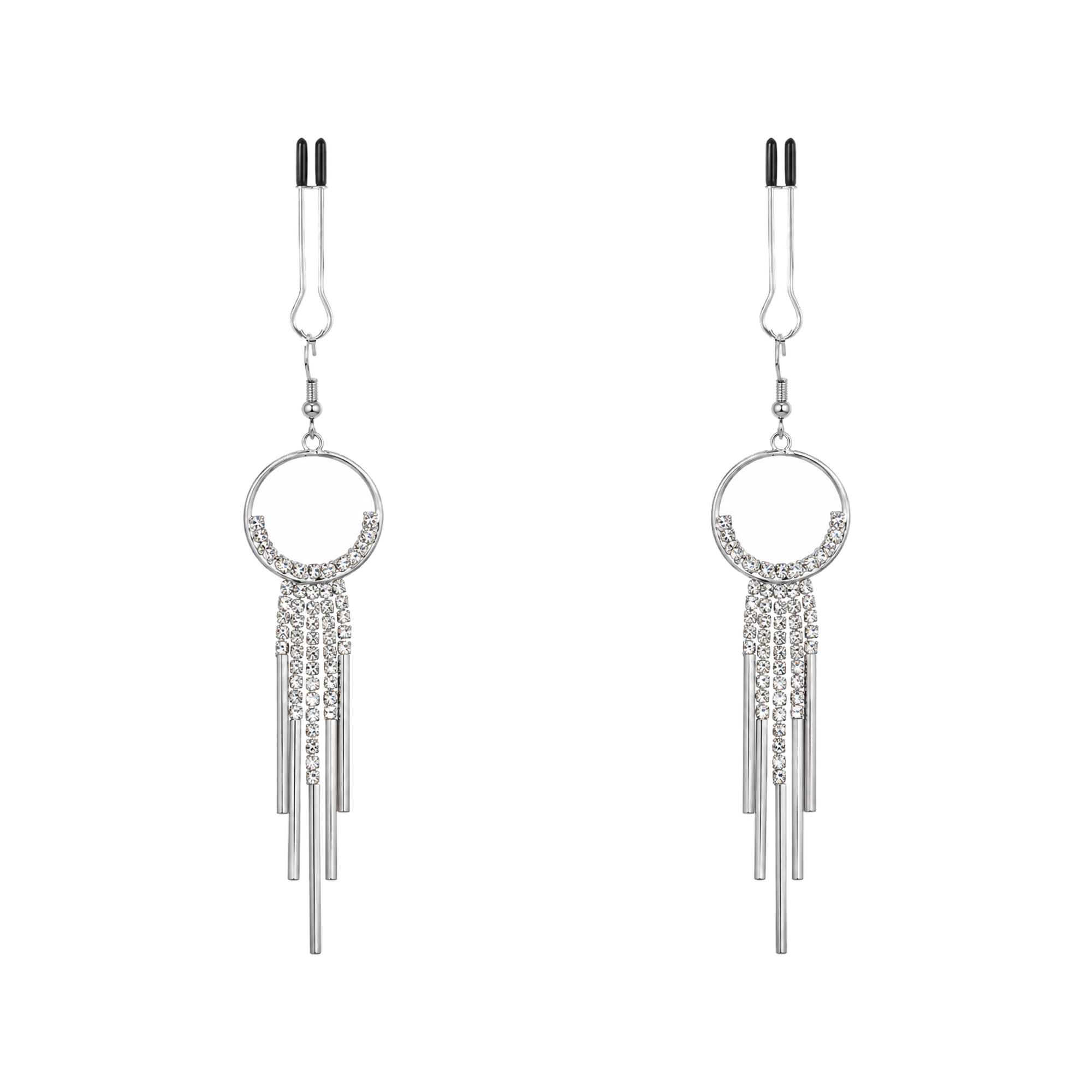 A pair of silver-tone non-piercing clips: open circular motif with trailing fringe