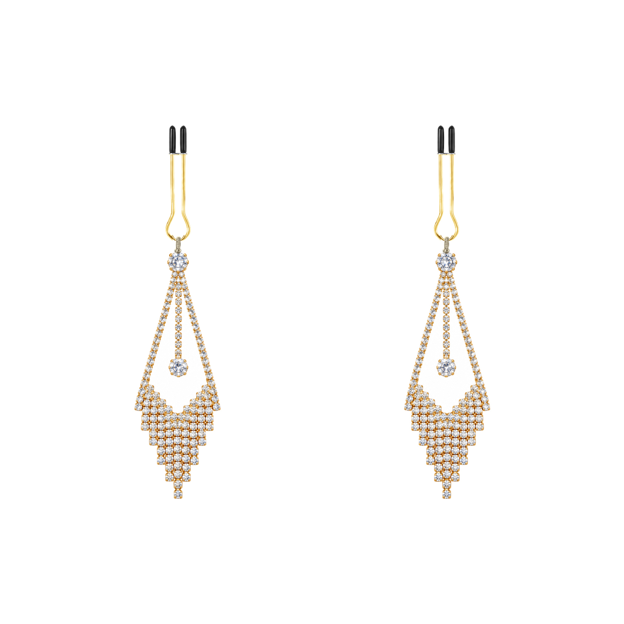 A pair of gold-tone non-piercing clips: open diamond-shaped motif with fringe
