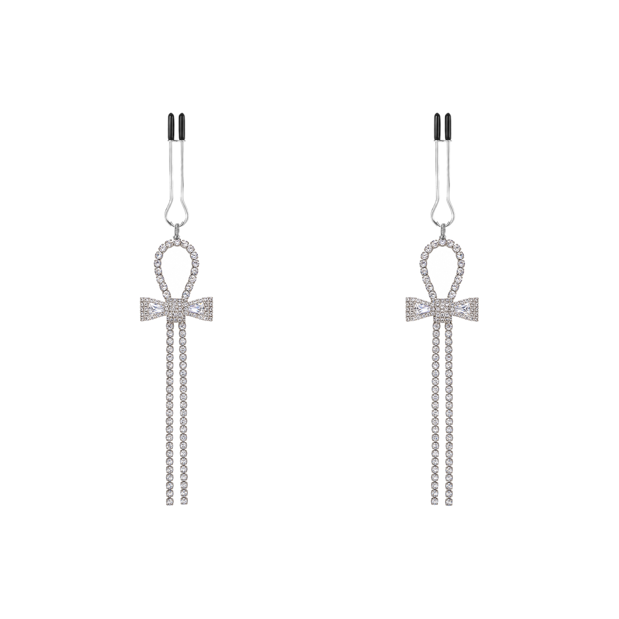 A pair of silver-tone non-piercing clips: small bow with long trailing strands