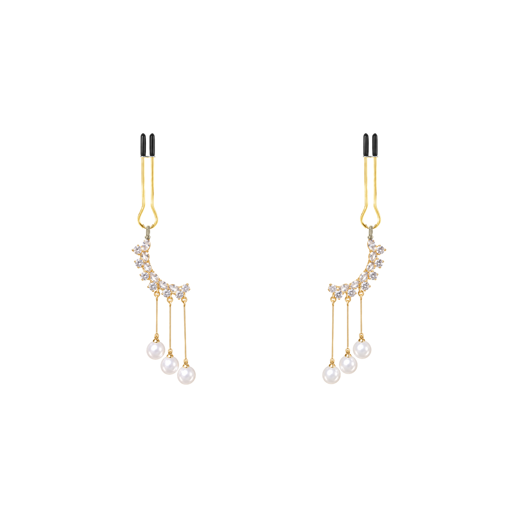 A pair of gold-tone non-piercing clips: crescent motif with dangling bead-look accents