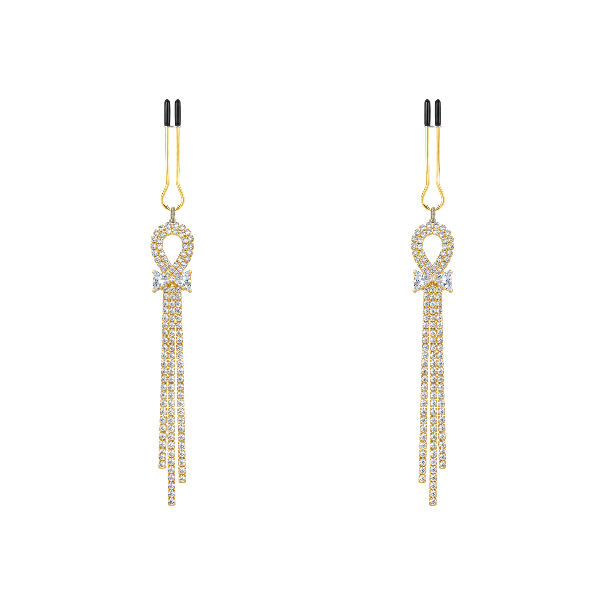 A pair of gold-tone non-piercing clips: loop motif with cascading fringe