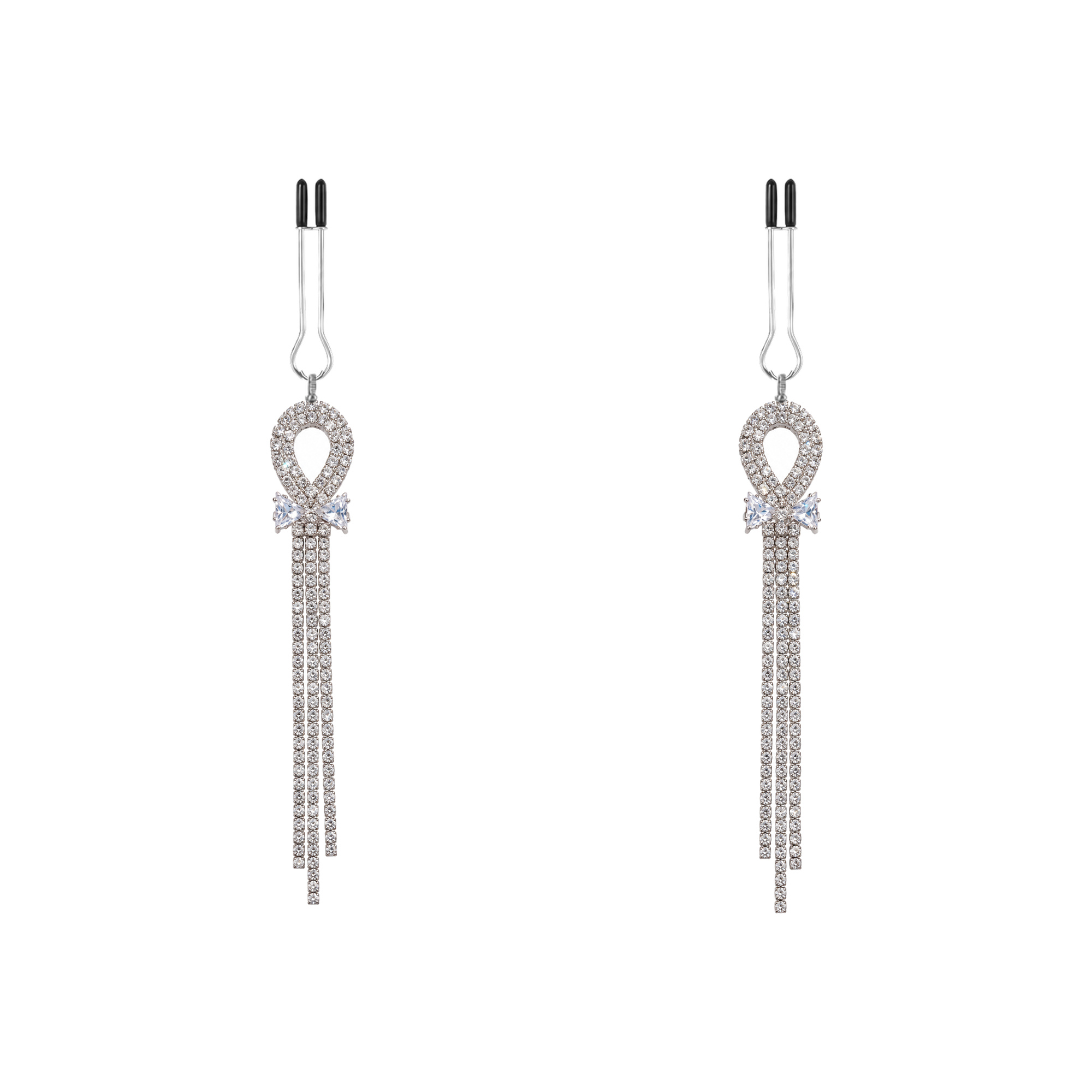 A pair of silver-tone non-piercing clips: loop motif with cascading fringe