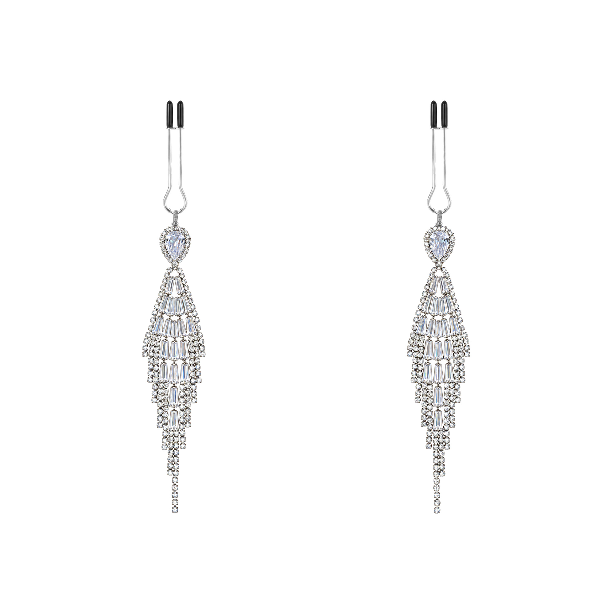 A pair of silver-tone non-piercing clips: tiered fan-shaped motif with fine fringe