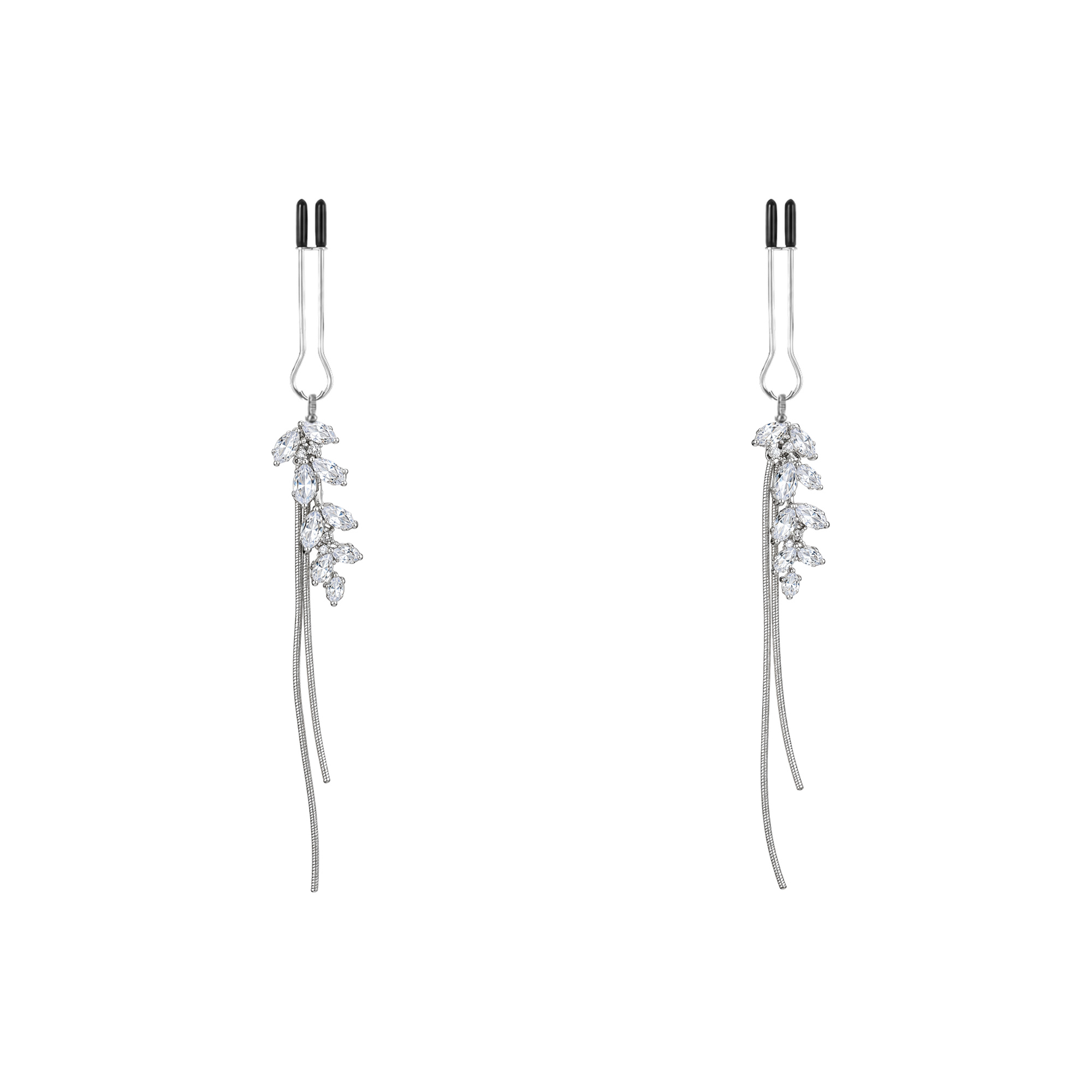 A pair of silver-tone non-piercing clips: leaf-shaped accents with slender strands