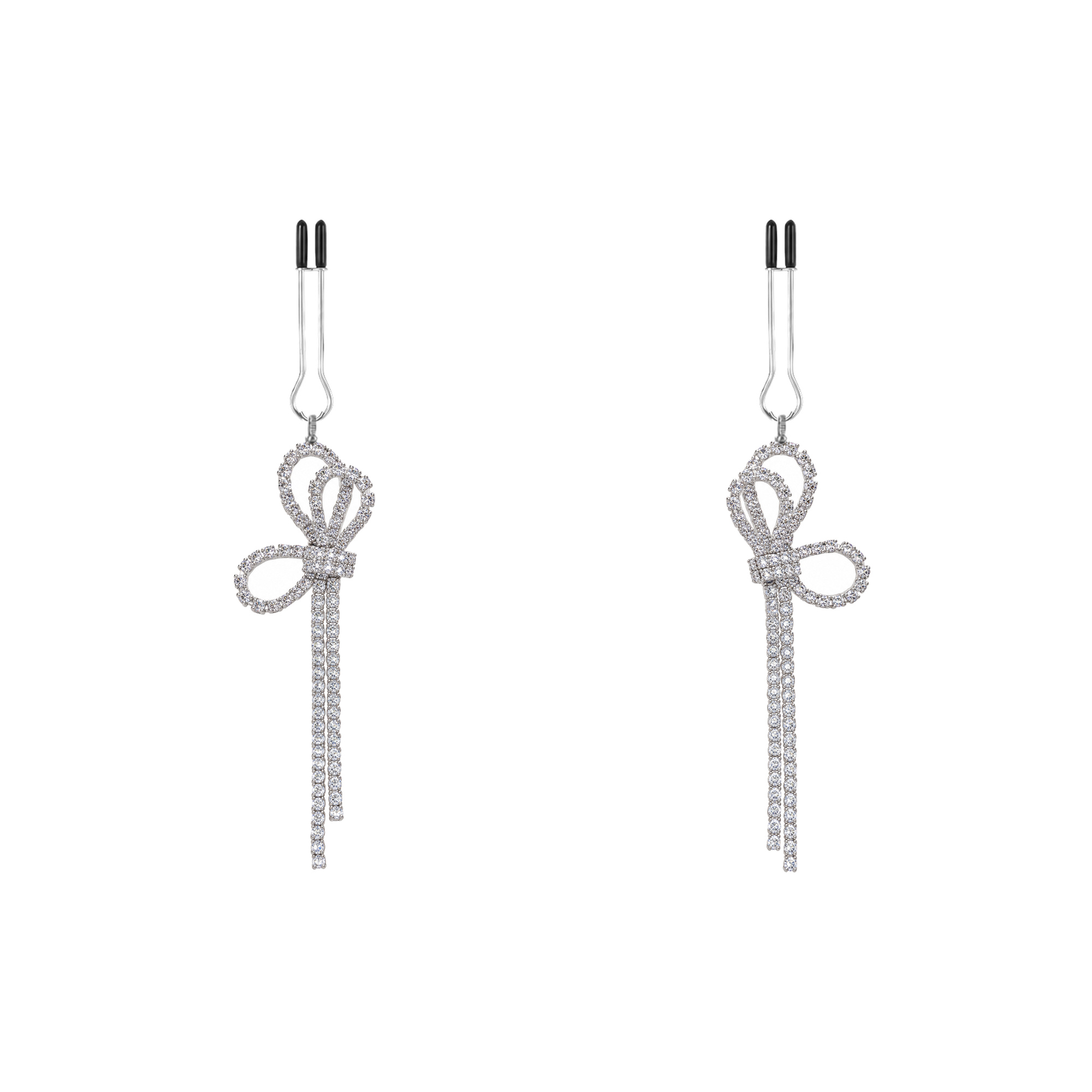 A pair of silver-tone non-piercing clips: looped bow motif with fine fringe