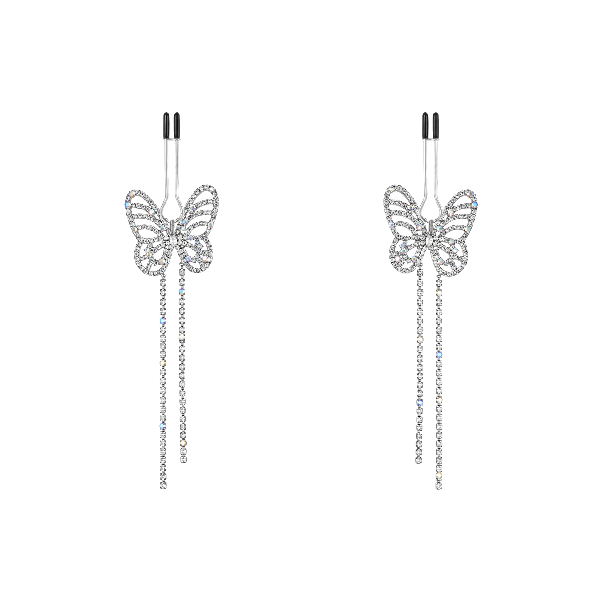A pair of silver-tone non-piercing clips: open butterfly motif with trailing strands