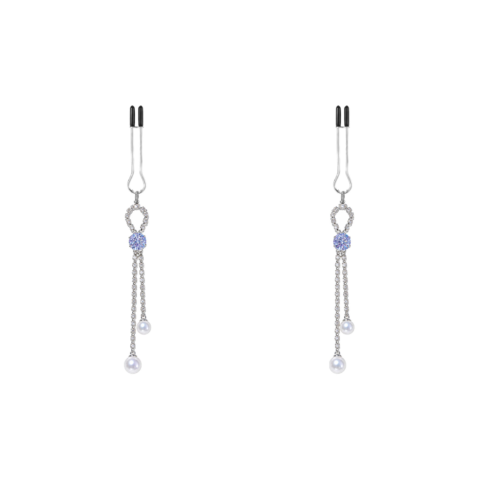 A pair of silver-tone non-piercing clips: blue accents with fine dangling strands