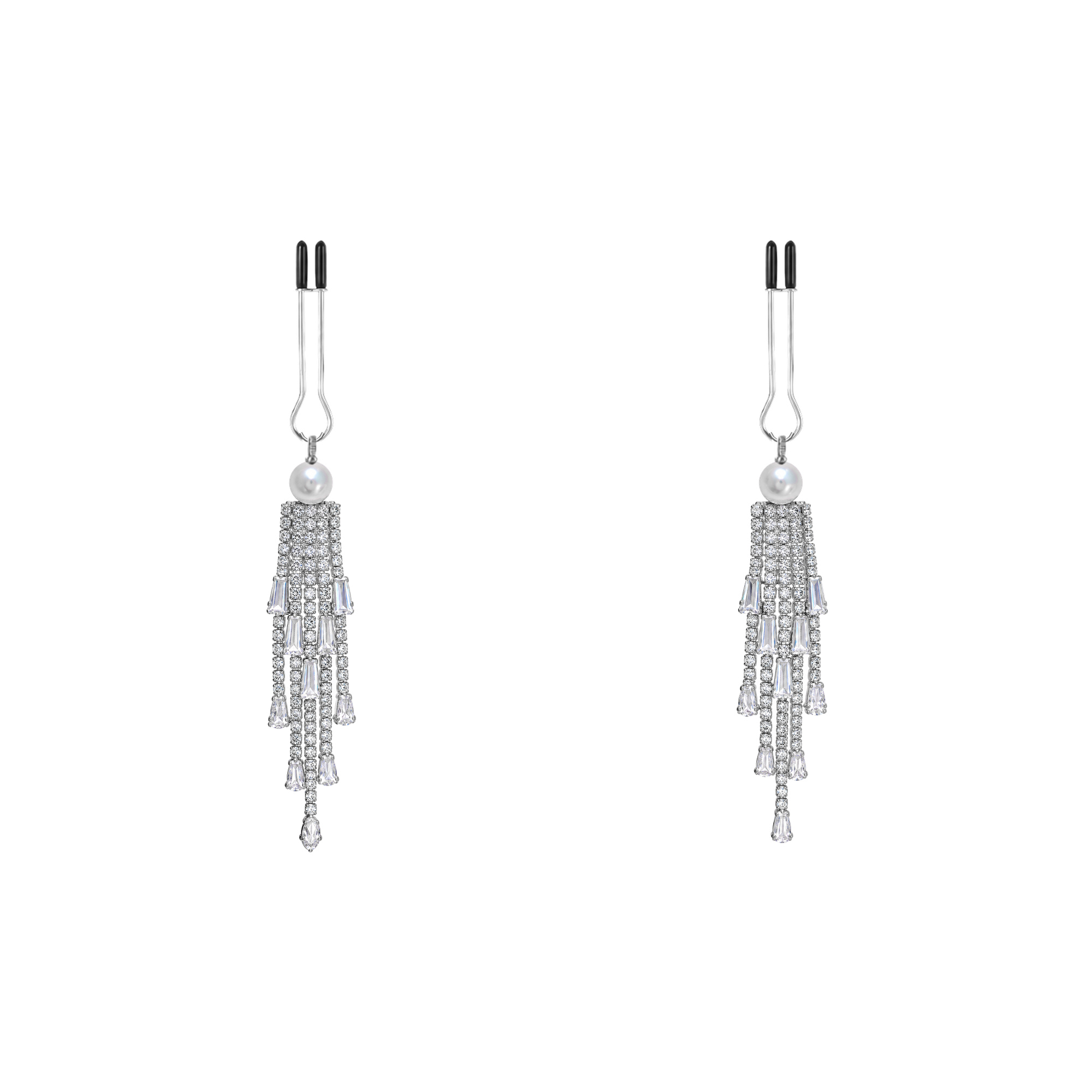 A pair of silver-tone non-piercing clips: tiered cascading strands