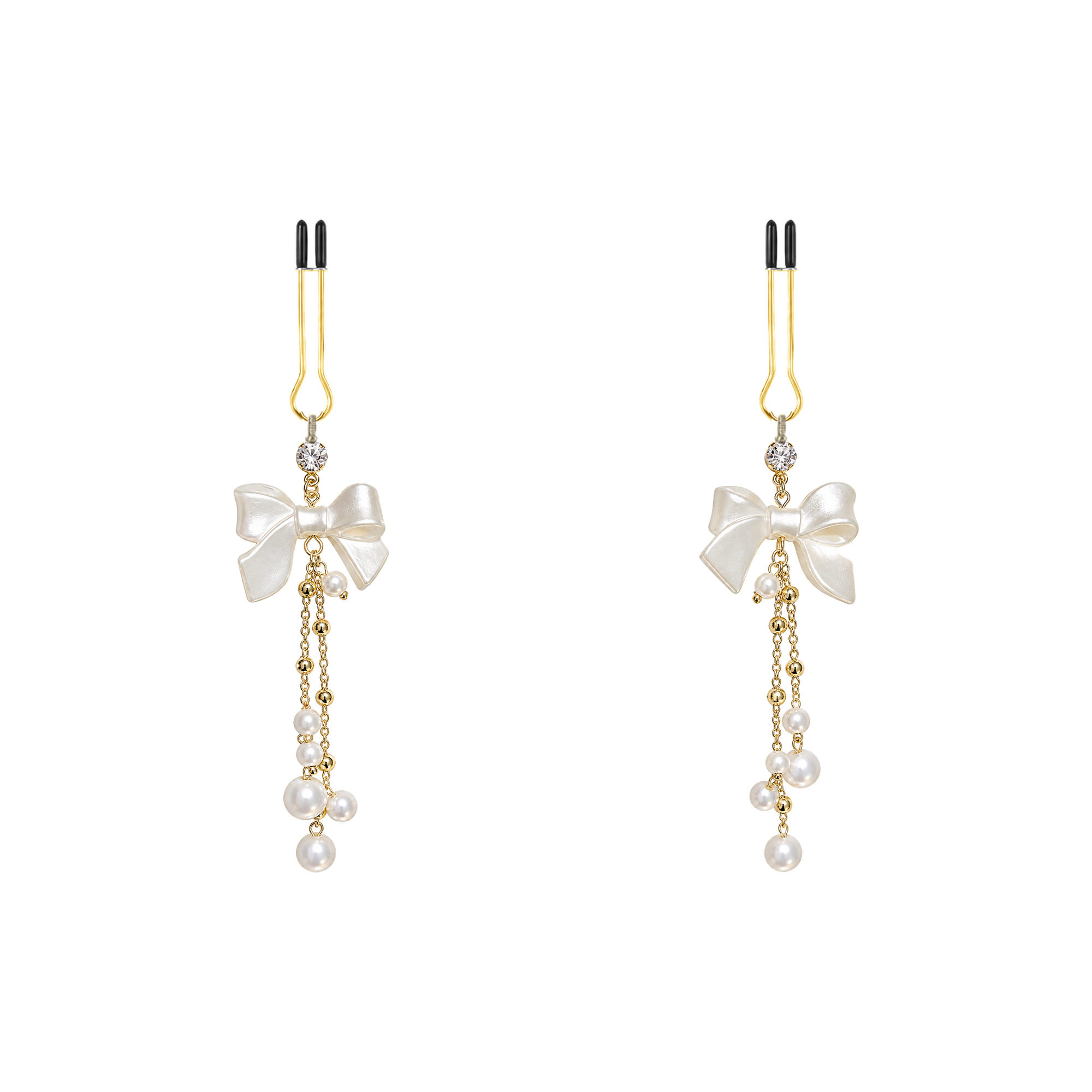 A pair of gold-tone non-piercing clips: bow motif with small dangling accents