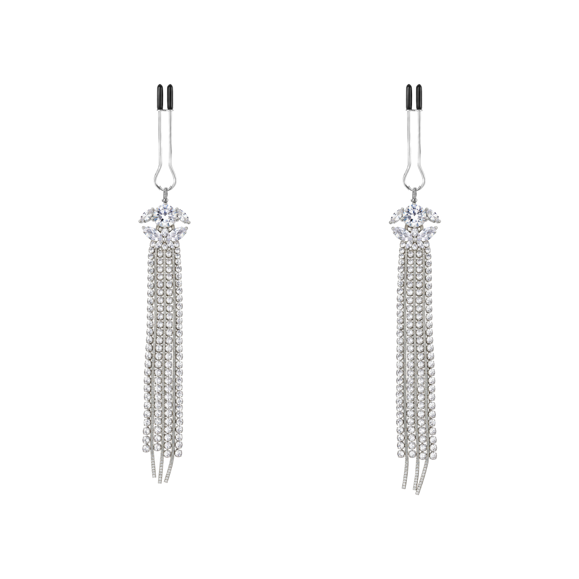 A pair of silver-tone non-piercing clips: small floral accent with layered fringe