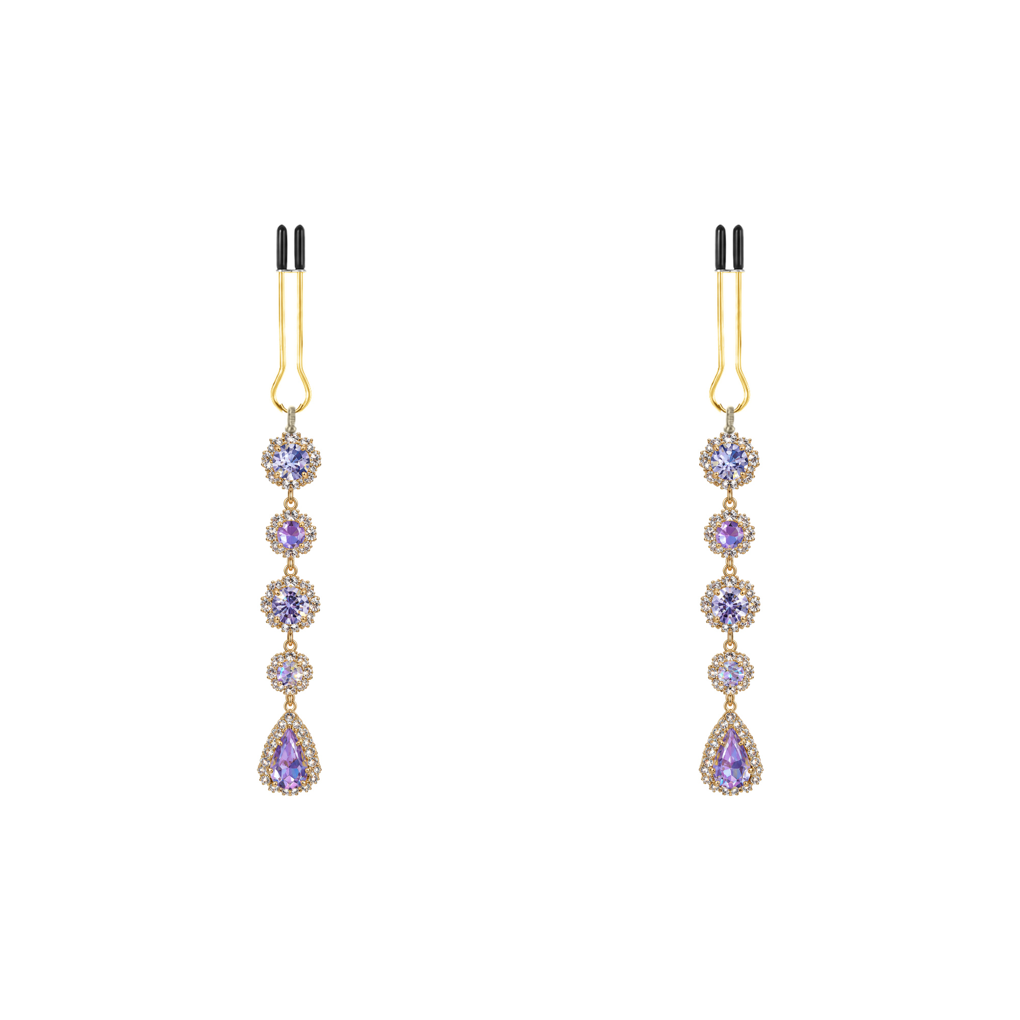 A pair of gold-tone non-piercing clips: linked violet accents with a teardrop-shaped end
