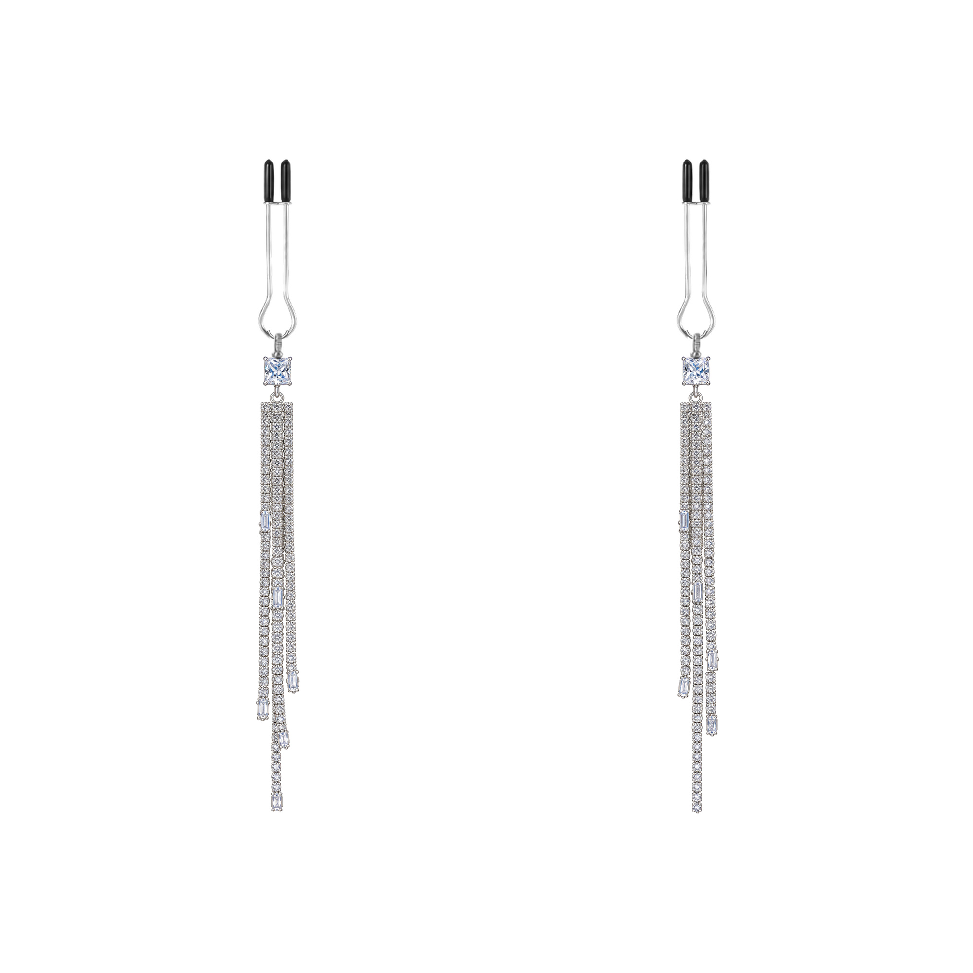A pair of silver-tone non-piercing clips: slender layered fringe