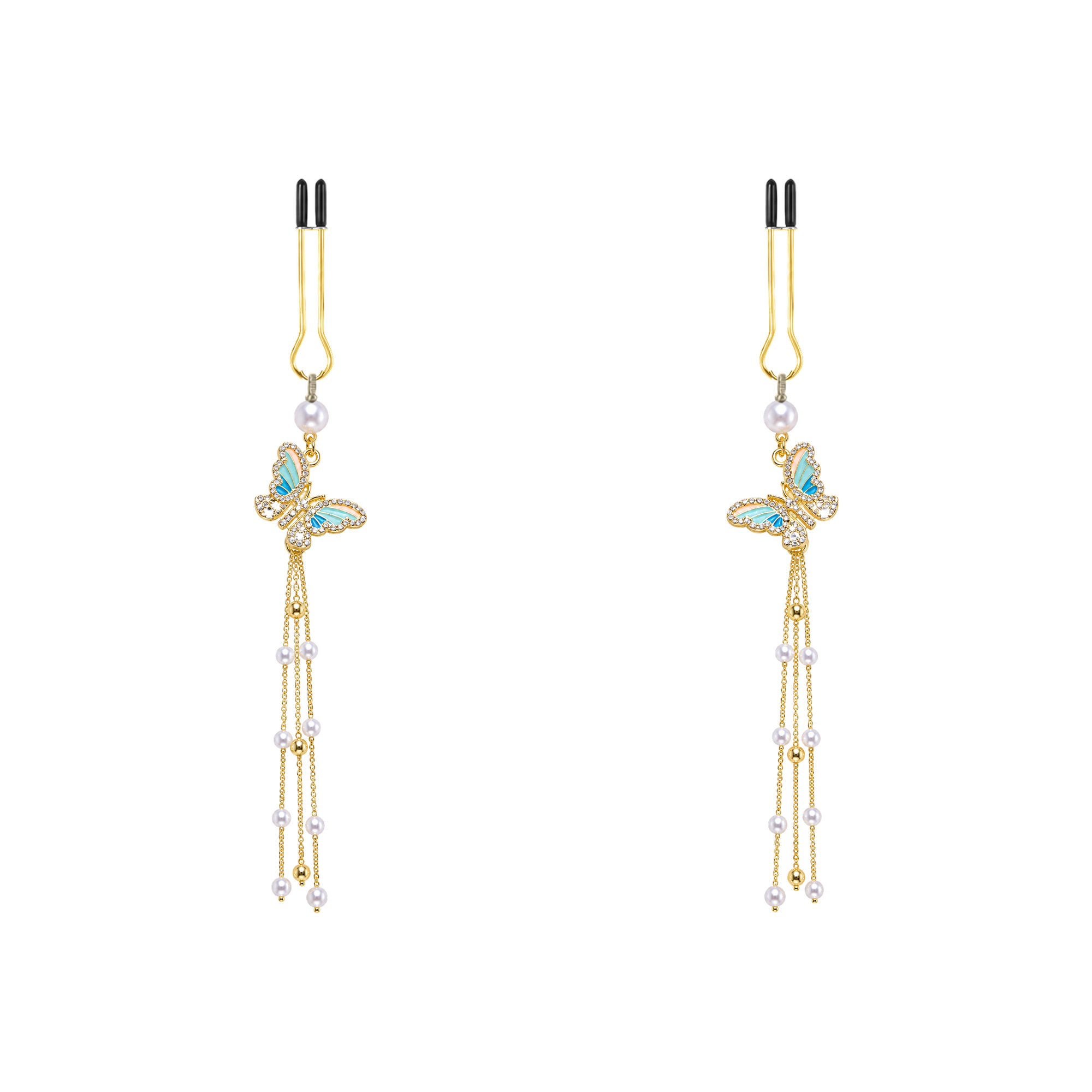 A pair of gold-tone non-piercing clips: multicolor butterfly-shaped accent with trailing strands