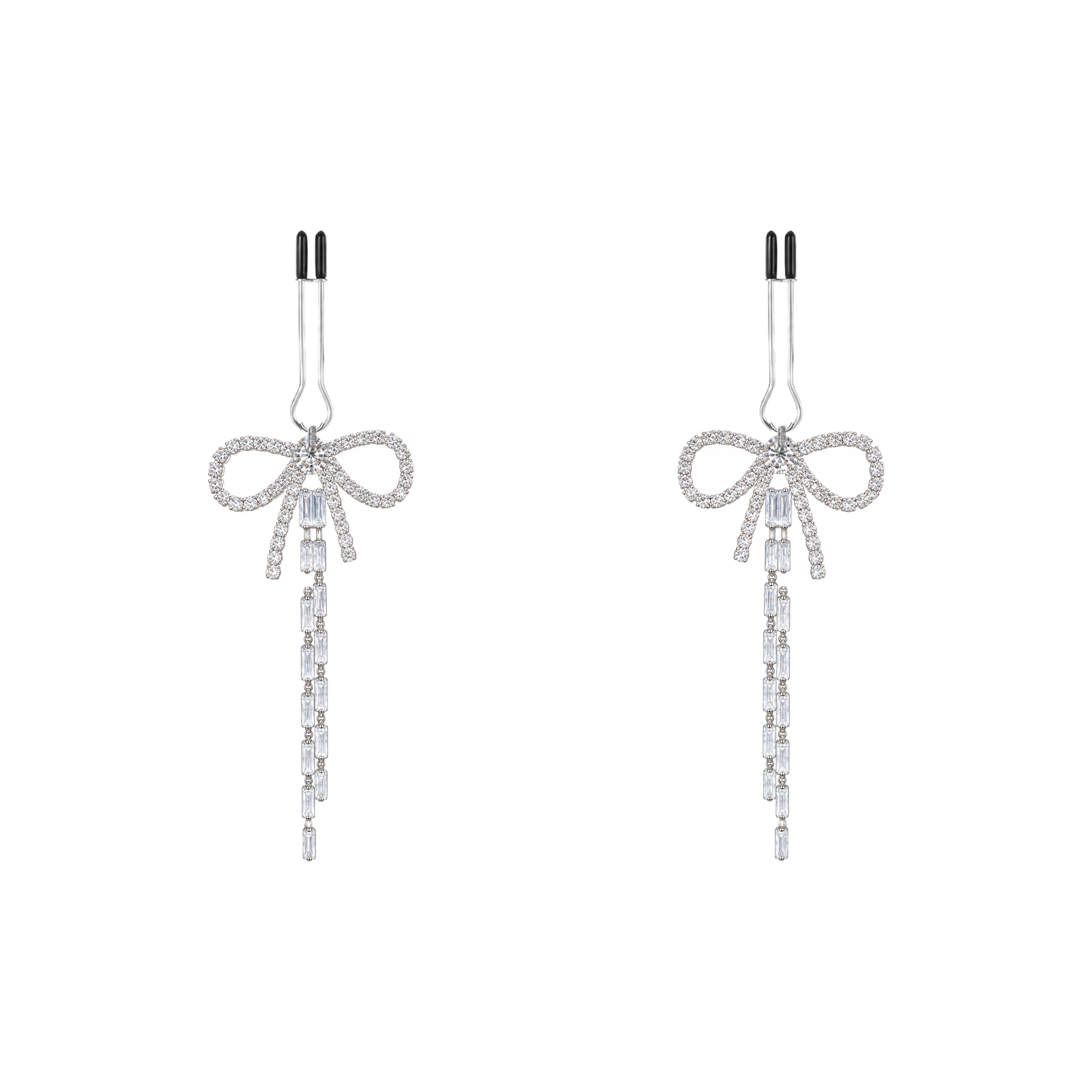 A pair of silver-tone non-piercing clips: outlined bow with cascading strands