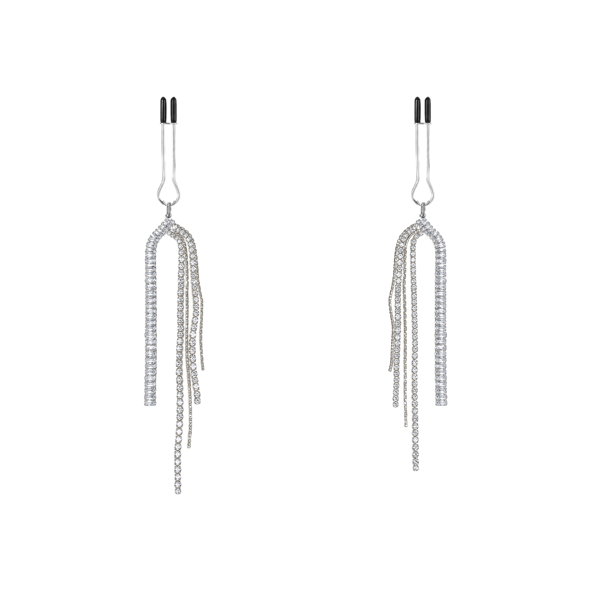 A pair of silver-tone non-piercing clips: long curved loop with fine fringe