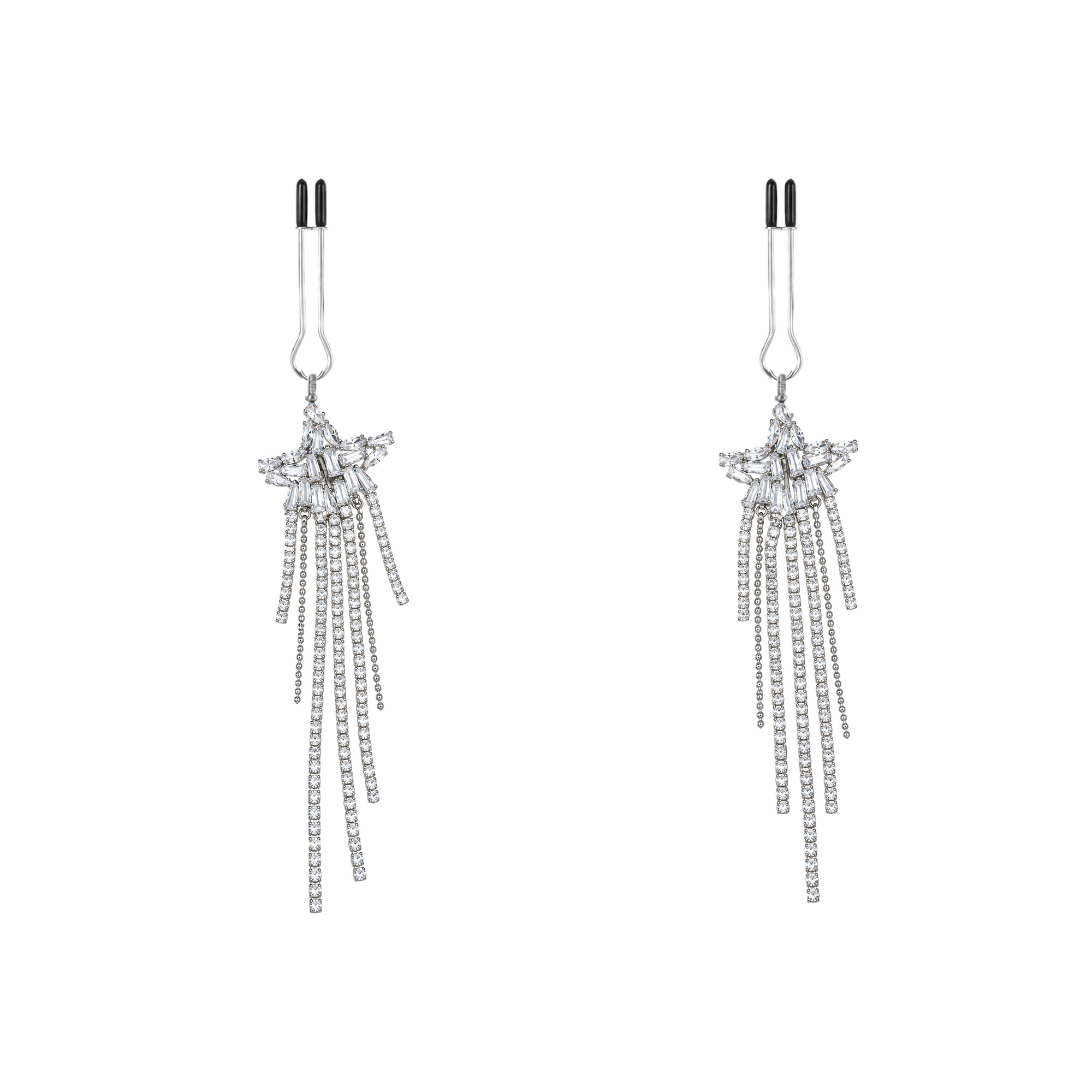 A pair of silver-tone non-piercing clips: clustered motif with layered fringe