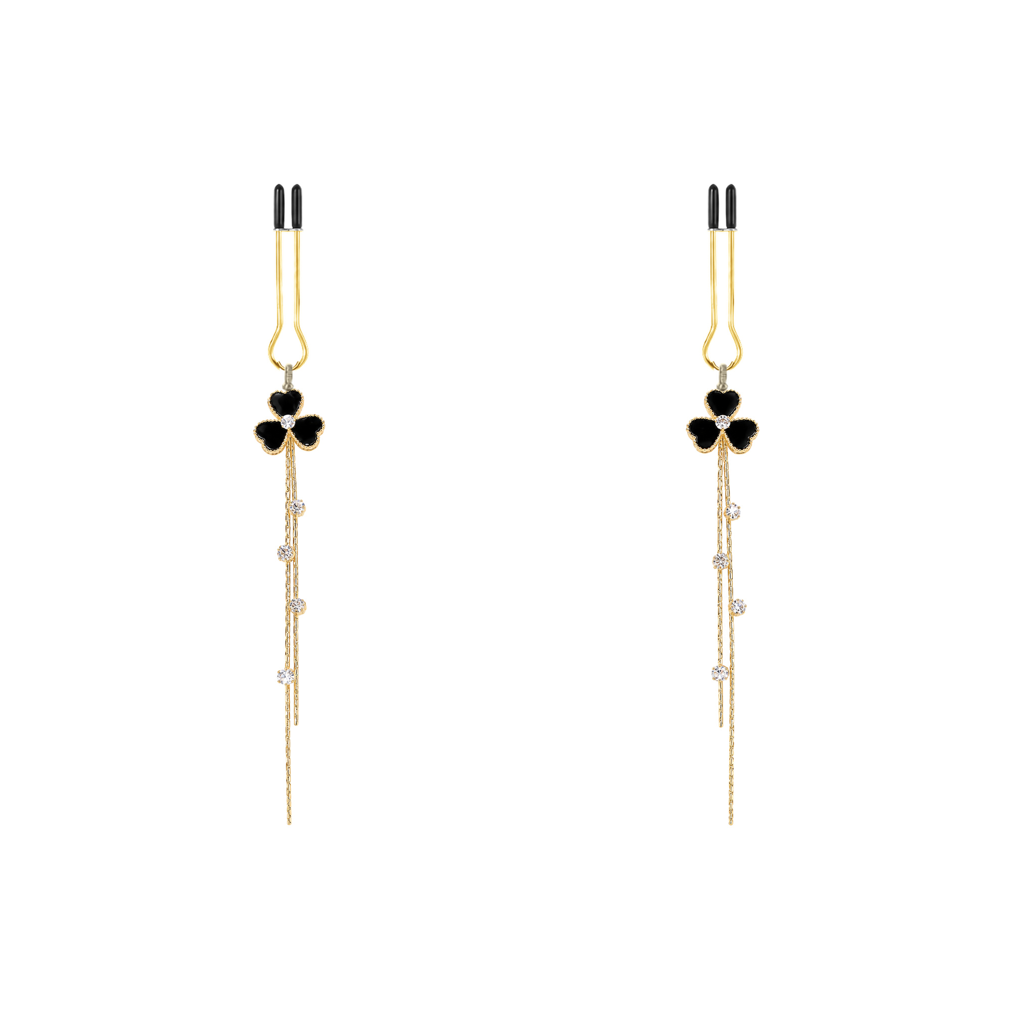 A pair of gold-tone non-piercing clips: dark clover-shaped accent with fine strands