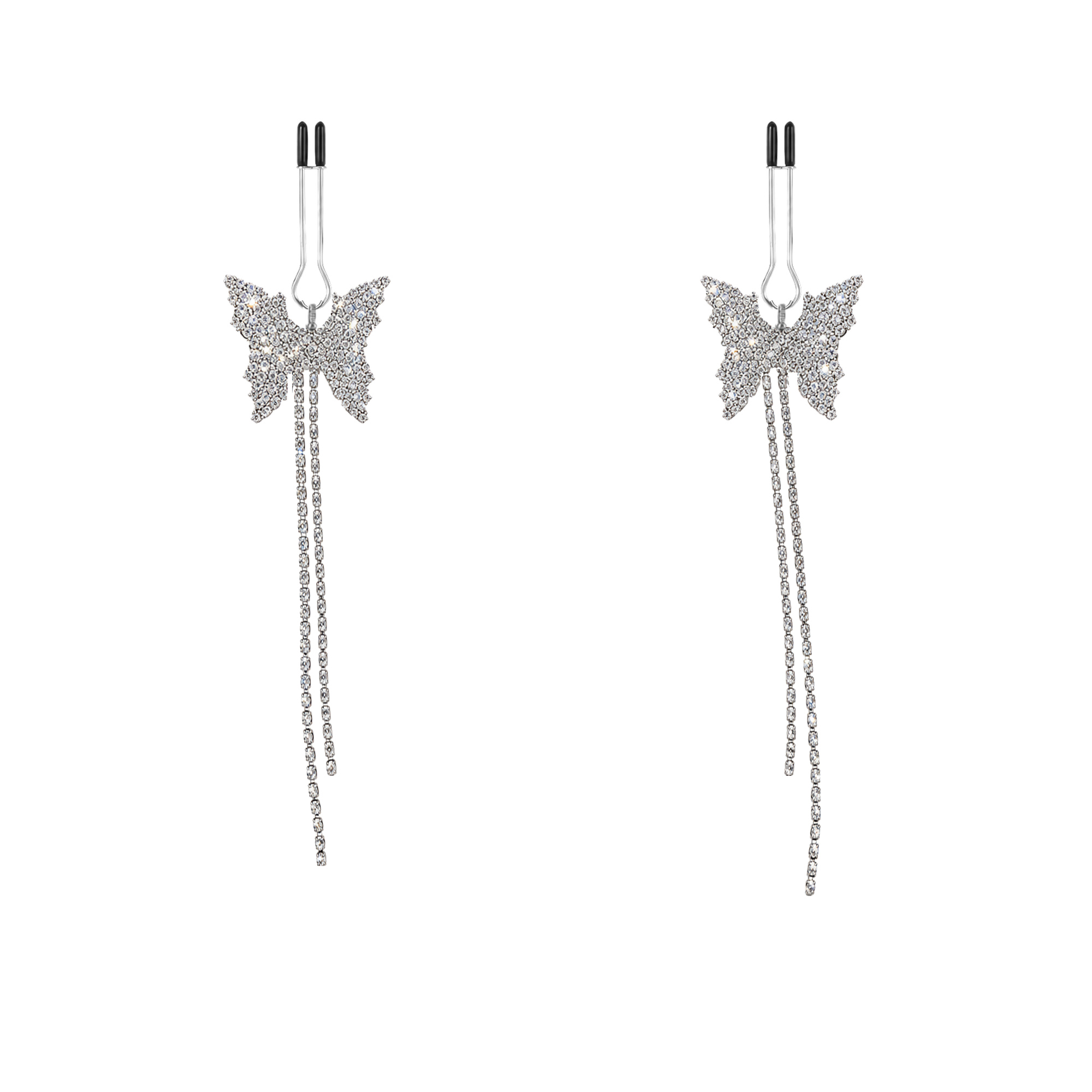 A pair of silver-tone non-piercing clips: butterfly motif with two trailing strands