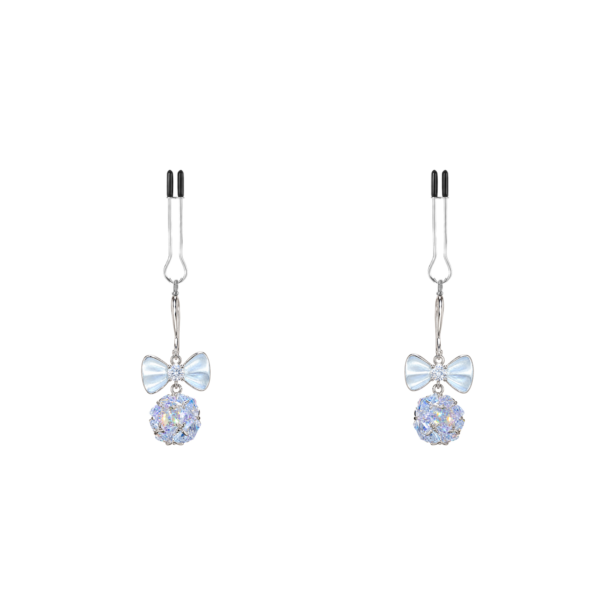 A pair of silver-tone non-piercing clips: blue bow motif and a round dangling accent