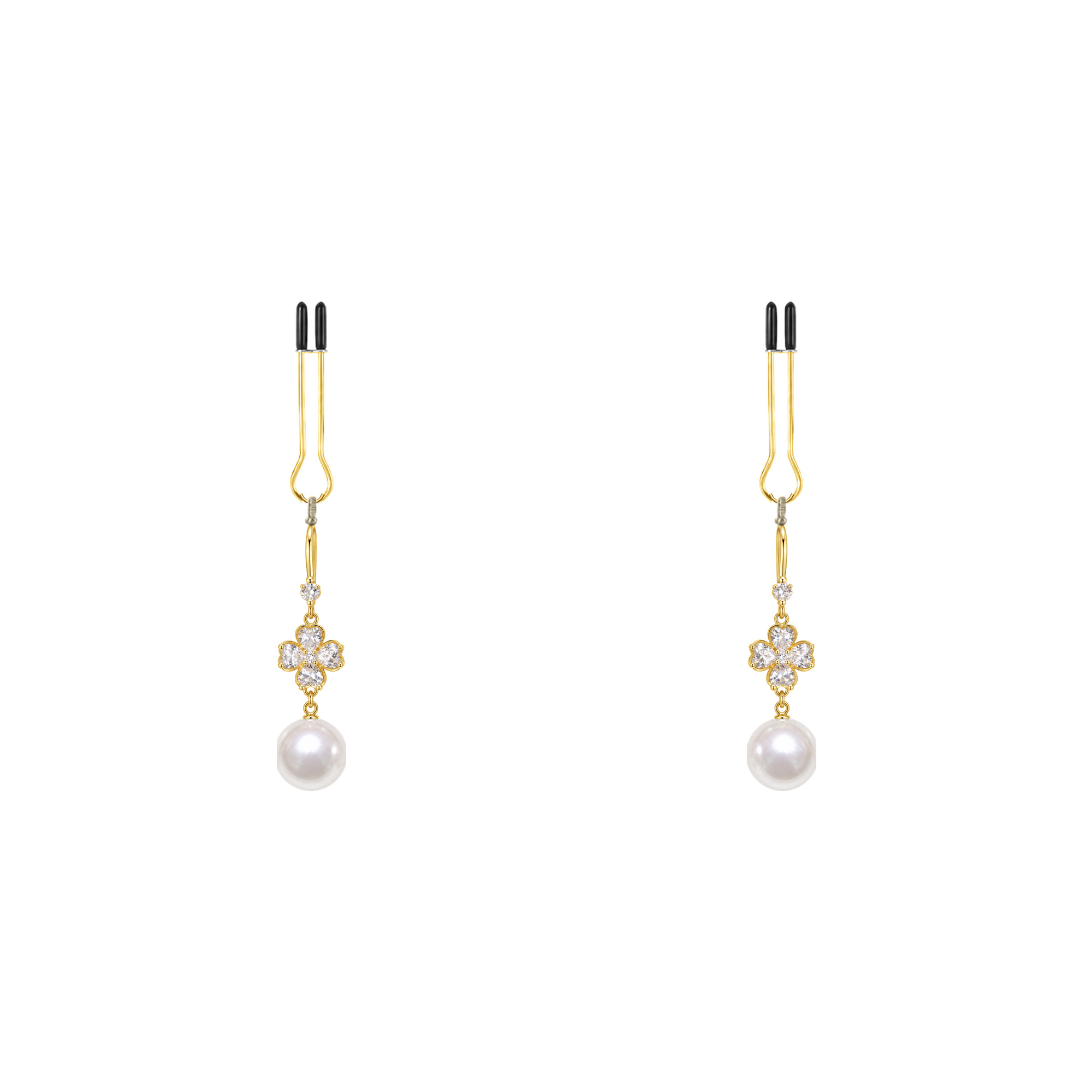 A pair of gold-tone non-piercing clips: clover-shaped motif and imitation-pearl drop