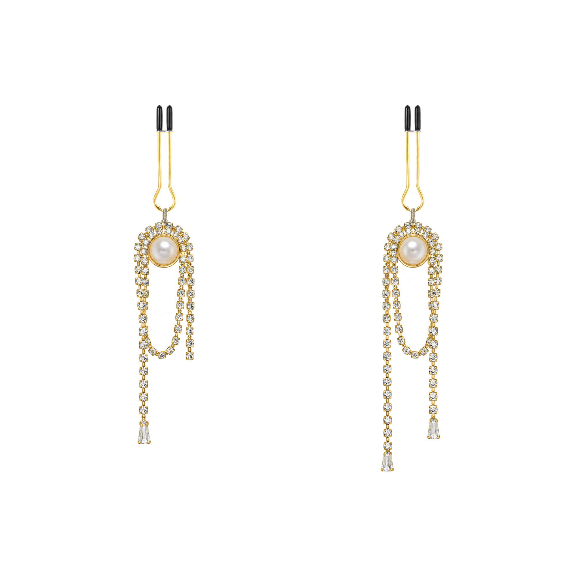 A pair of gold-tone non-piercing clips: imitation-pearl accent with draped chain loops