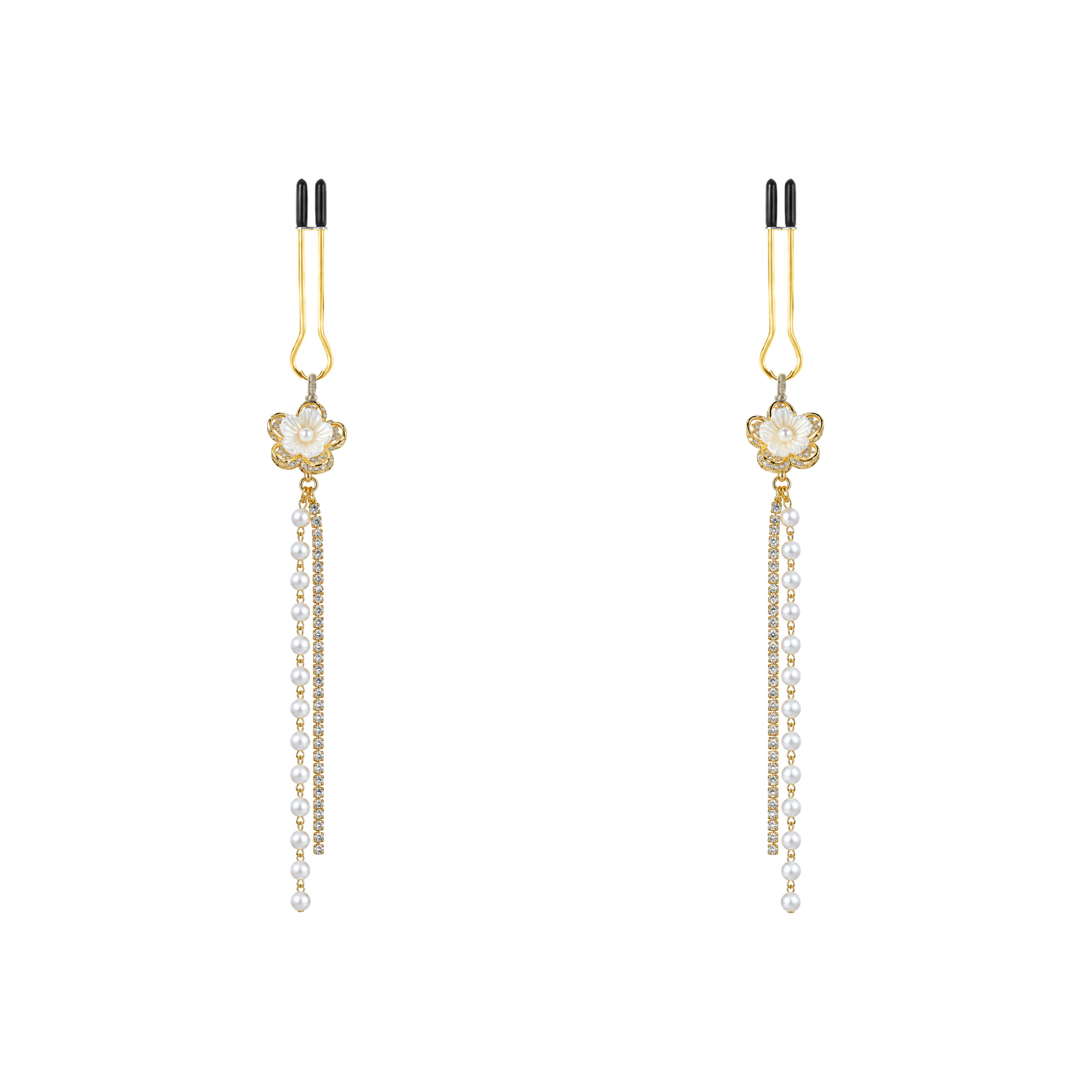 A pair of gold-tone non-piercing clips: small floral motif with fine strands