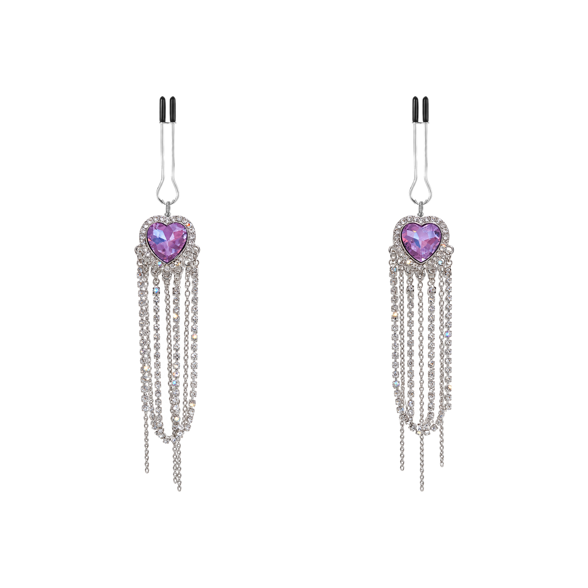 A pair of silver-tone non-piercing clips: violet heart-shaped accent with draped chains