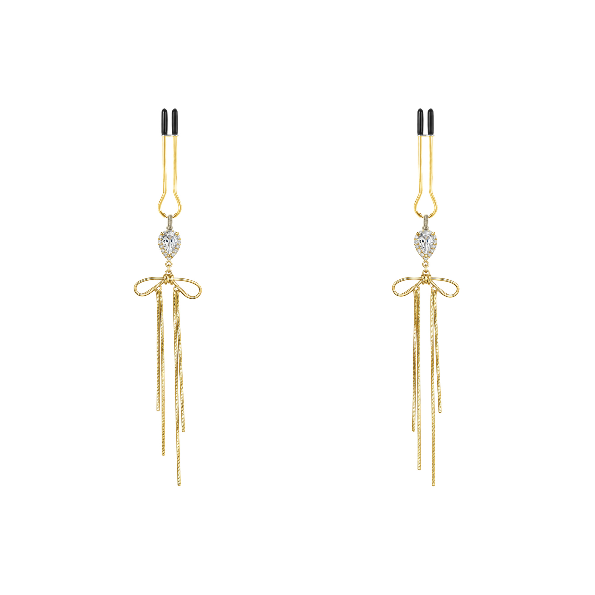 A pair of gold-tone non-piercing clips: delicate bow with long straight strands