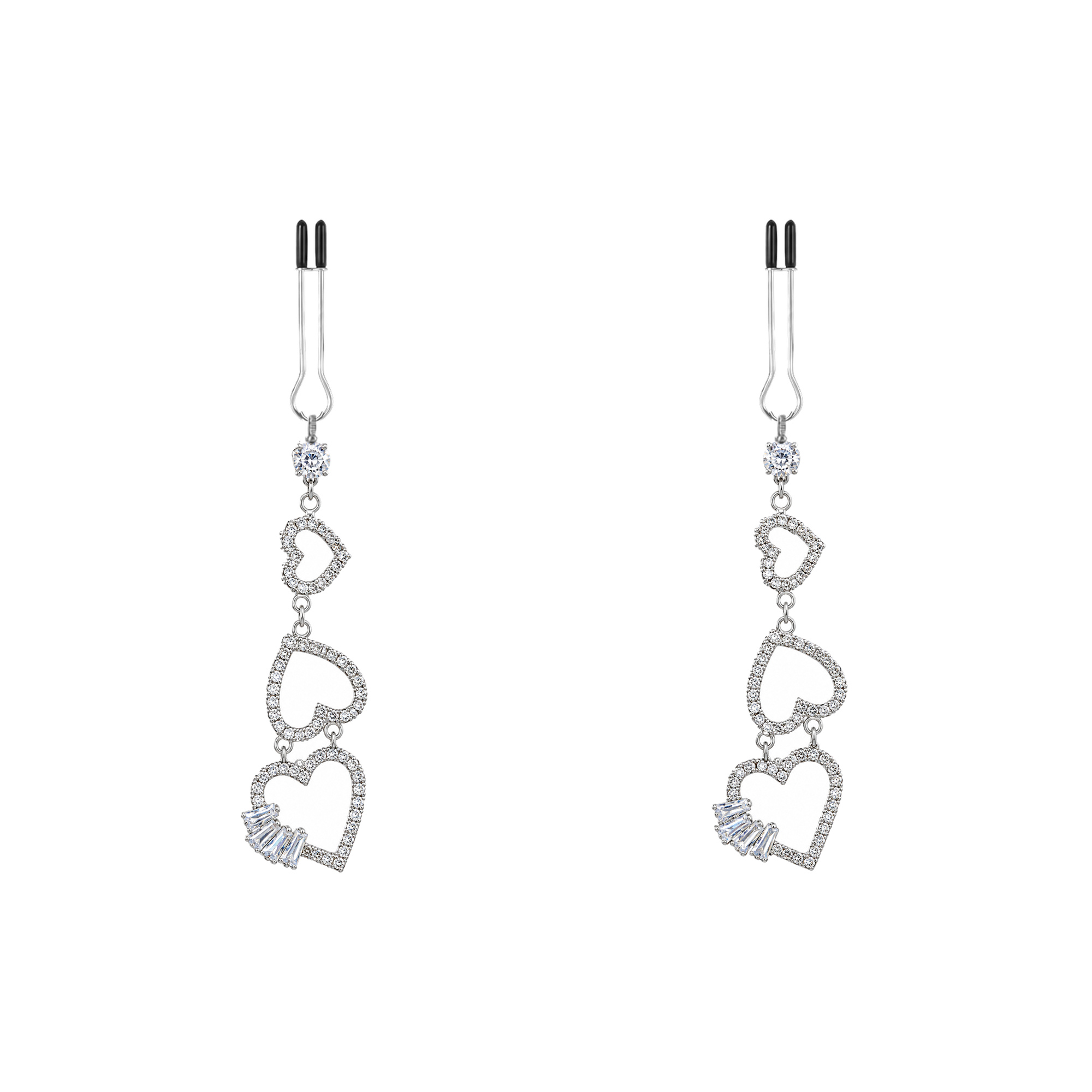 A pair of silver-tone non-piercing clips: linked open heart-shaped charms