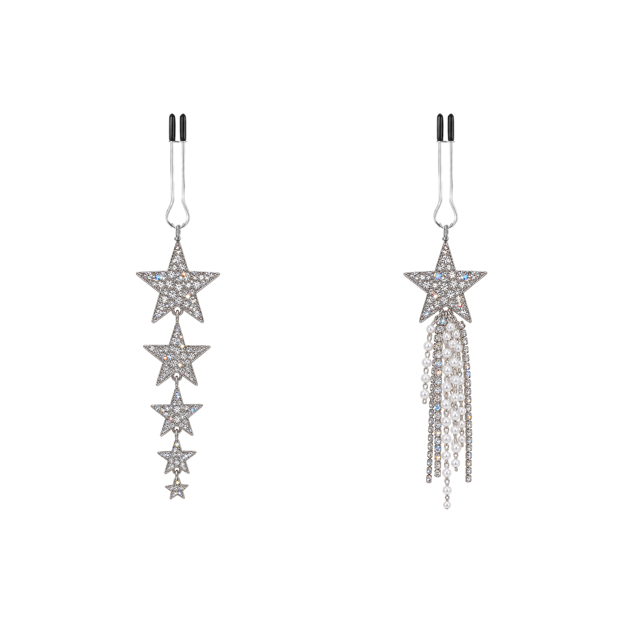 A pair of silver-tone non-piercing clips: asymmetric star motifs and cascading strands