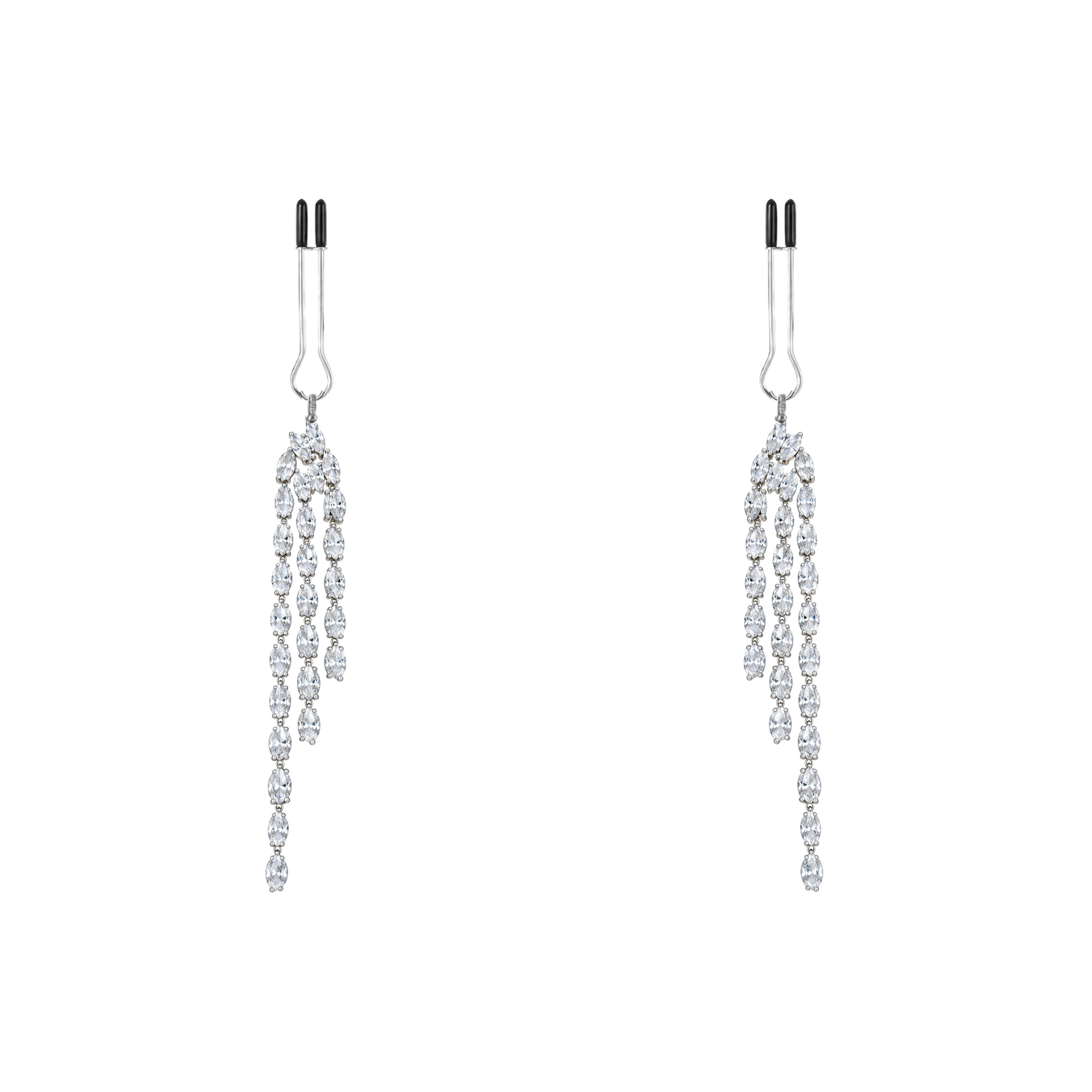 A pair of silver-tone non-piercing clips: layered open-link chains