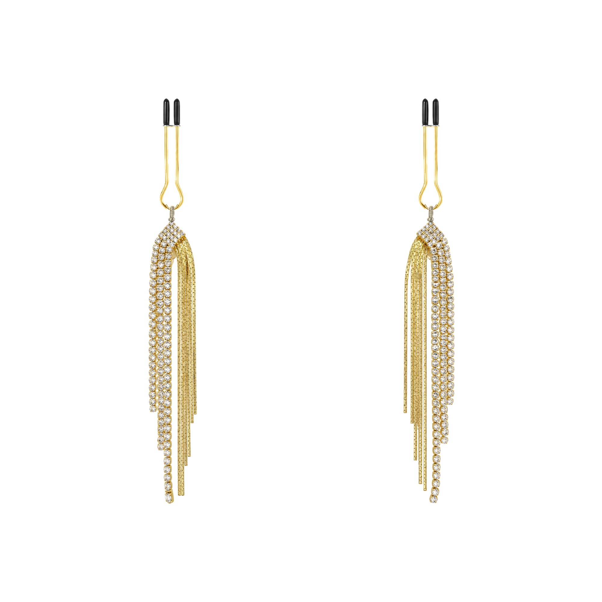 A pair of gold-tone non-piercing clips: arched loop with cascading strands