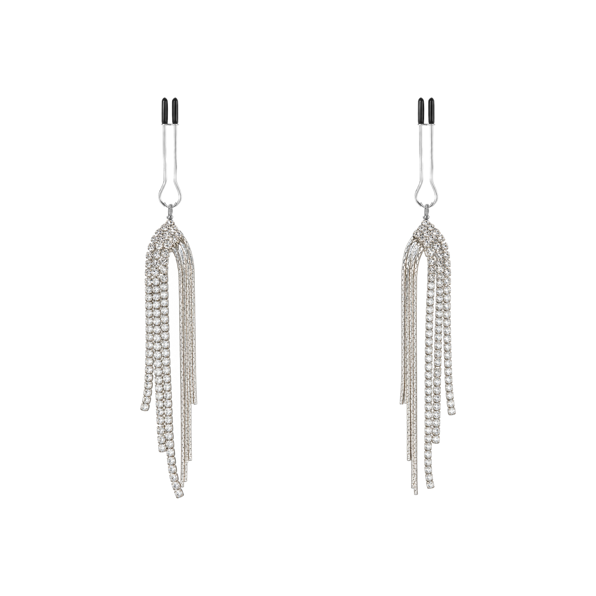 A pair of silver-tone non-piercing clips: arched loop with cascading strands