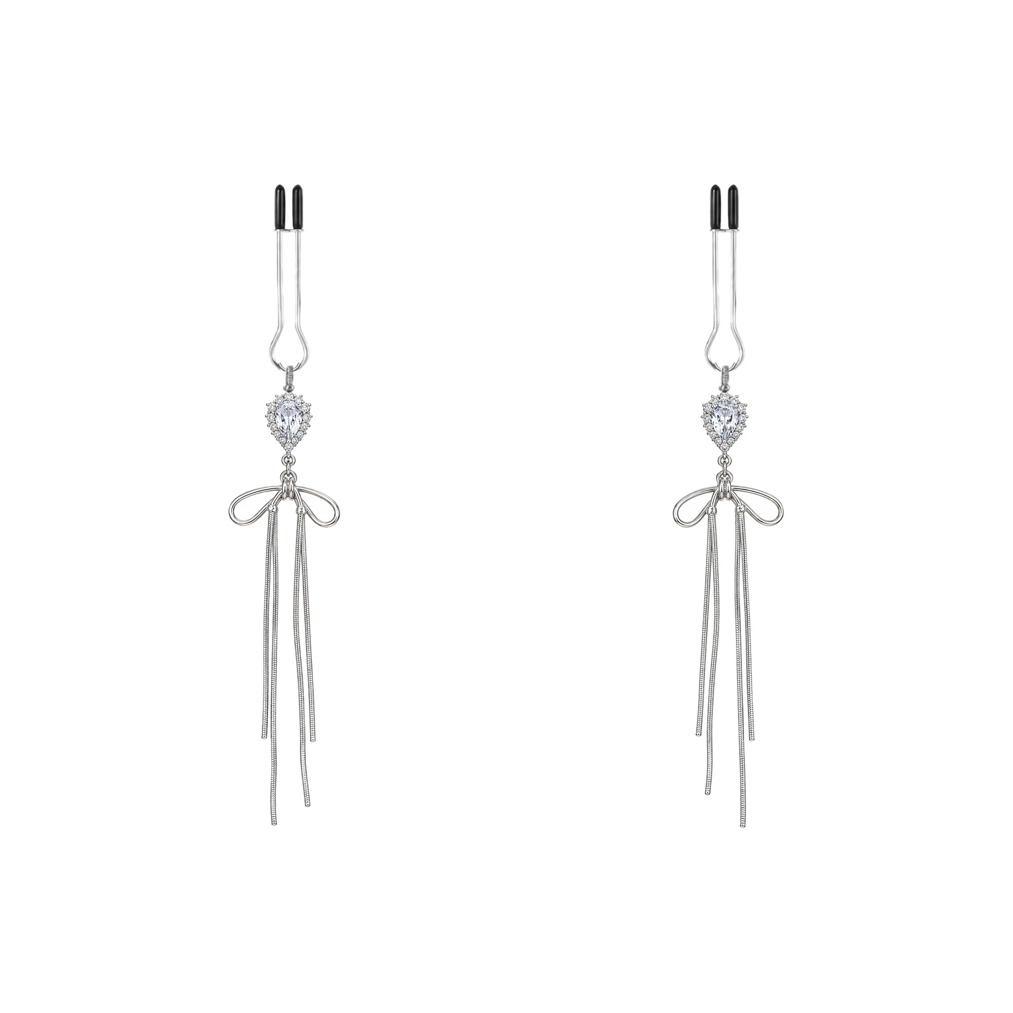A pair of silver-tone non-piercing clips: small looped bow with slender strands