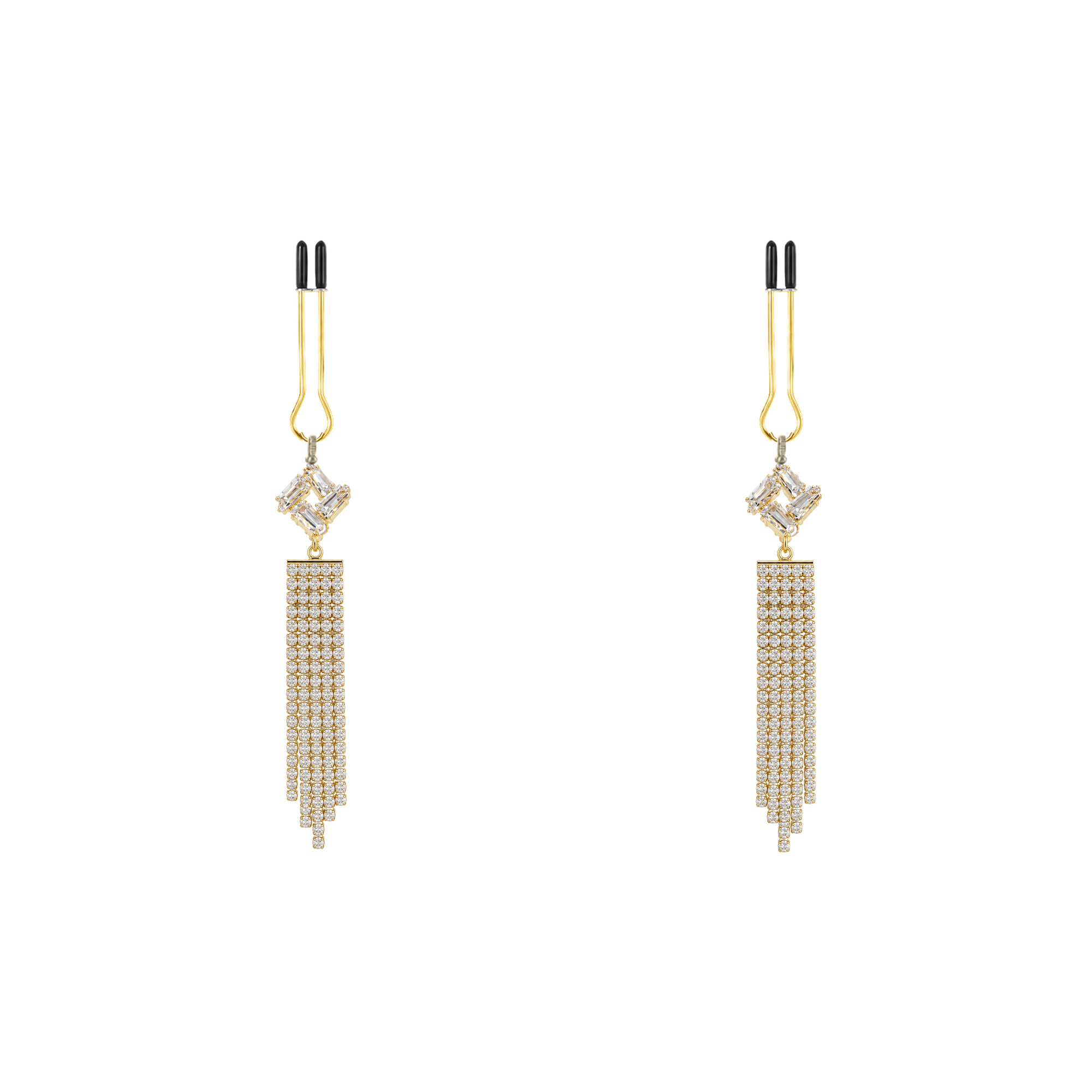 A pair of gold-tone non-piercing clips: four-point motif with graduated fringe