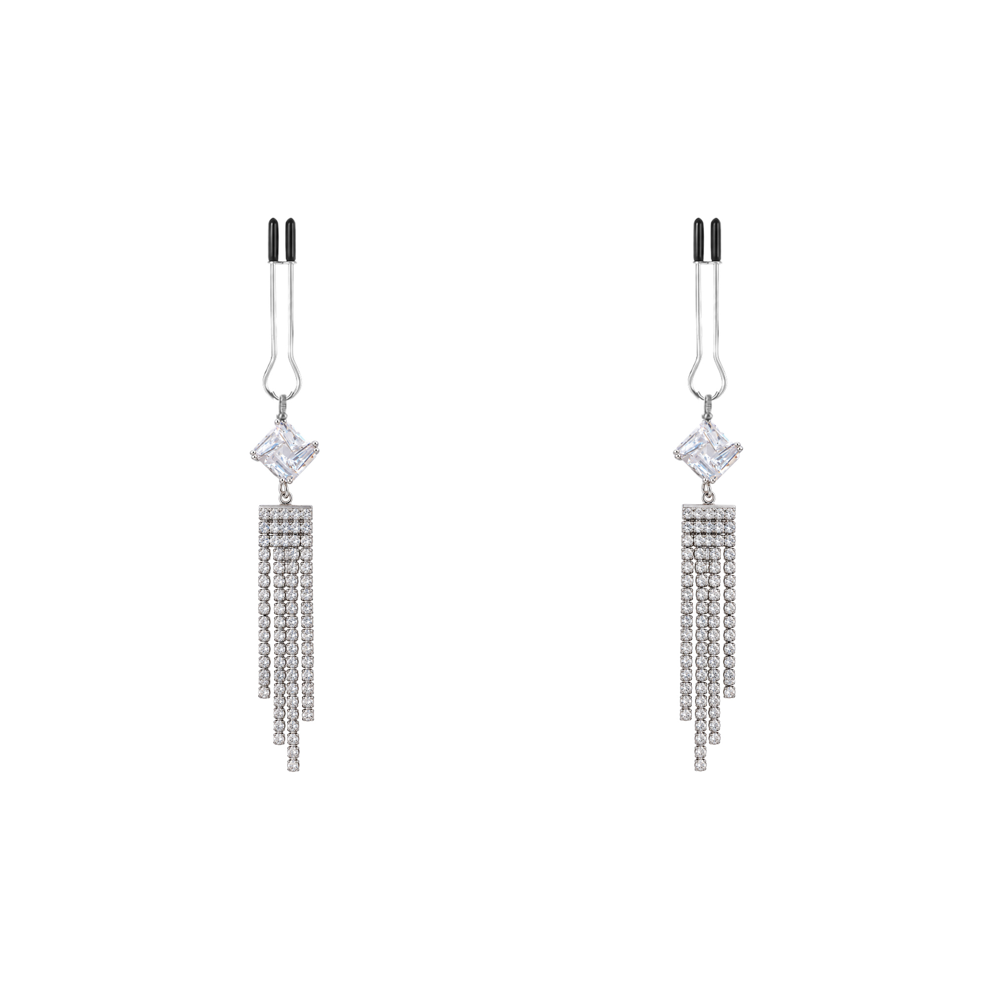 A pair of silver-tone non-piercing clips: four-point motif with graduated fringe
