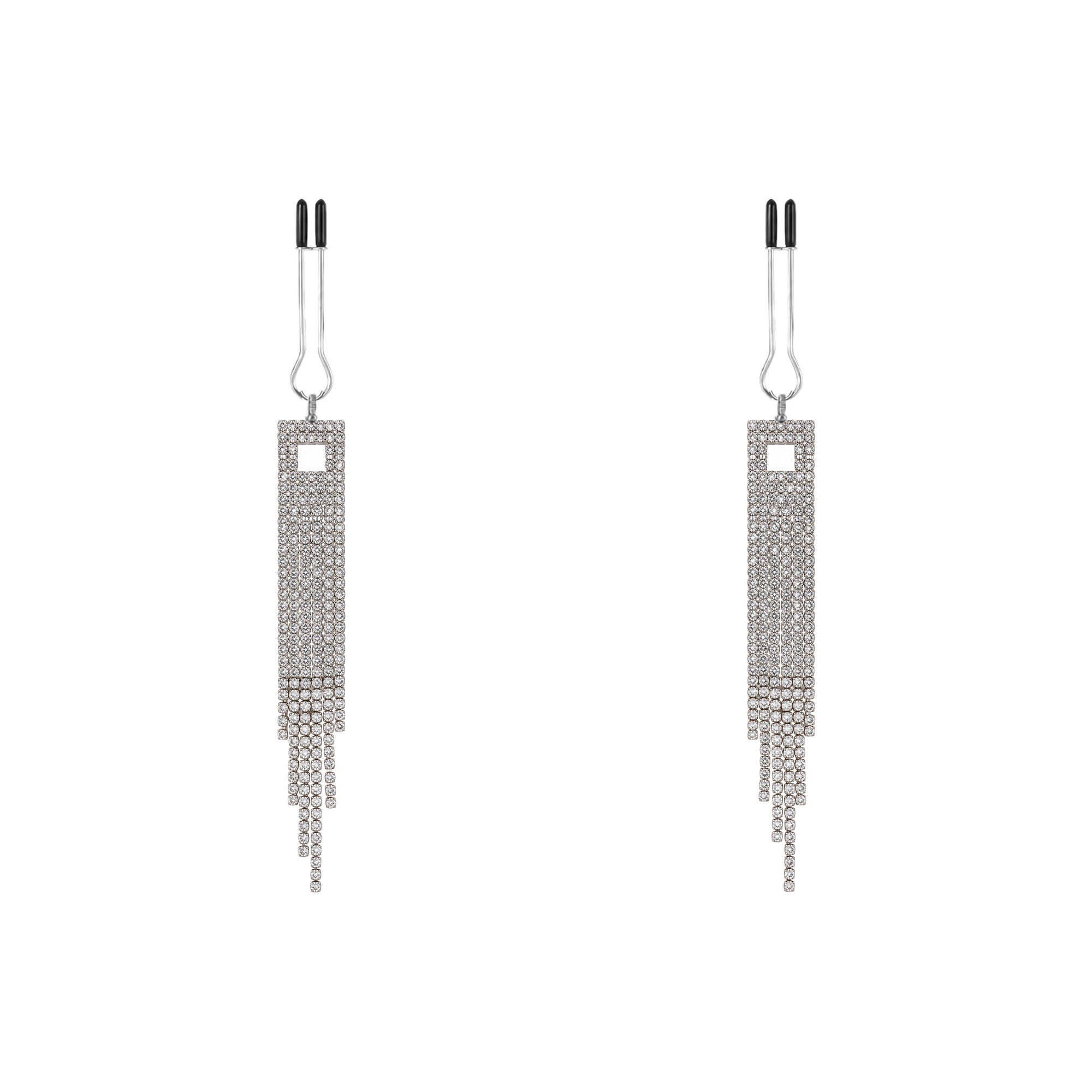 A pair of silver-tone non-piercing clips: rectangular motif with graduated fringe