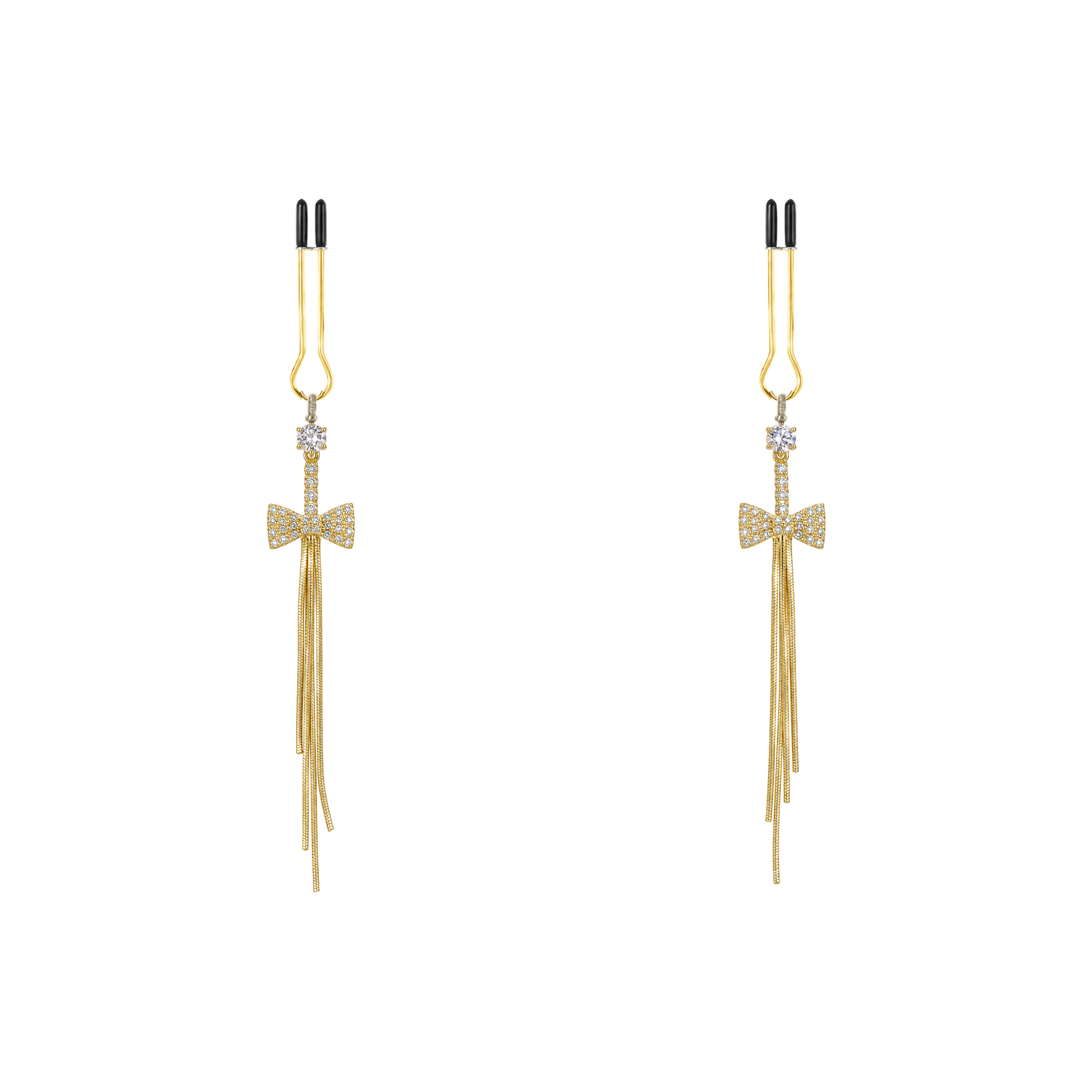 A pair of gold-tone non-piercing clips: bow motif with long narrow fringe