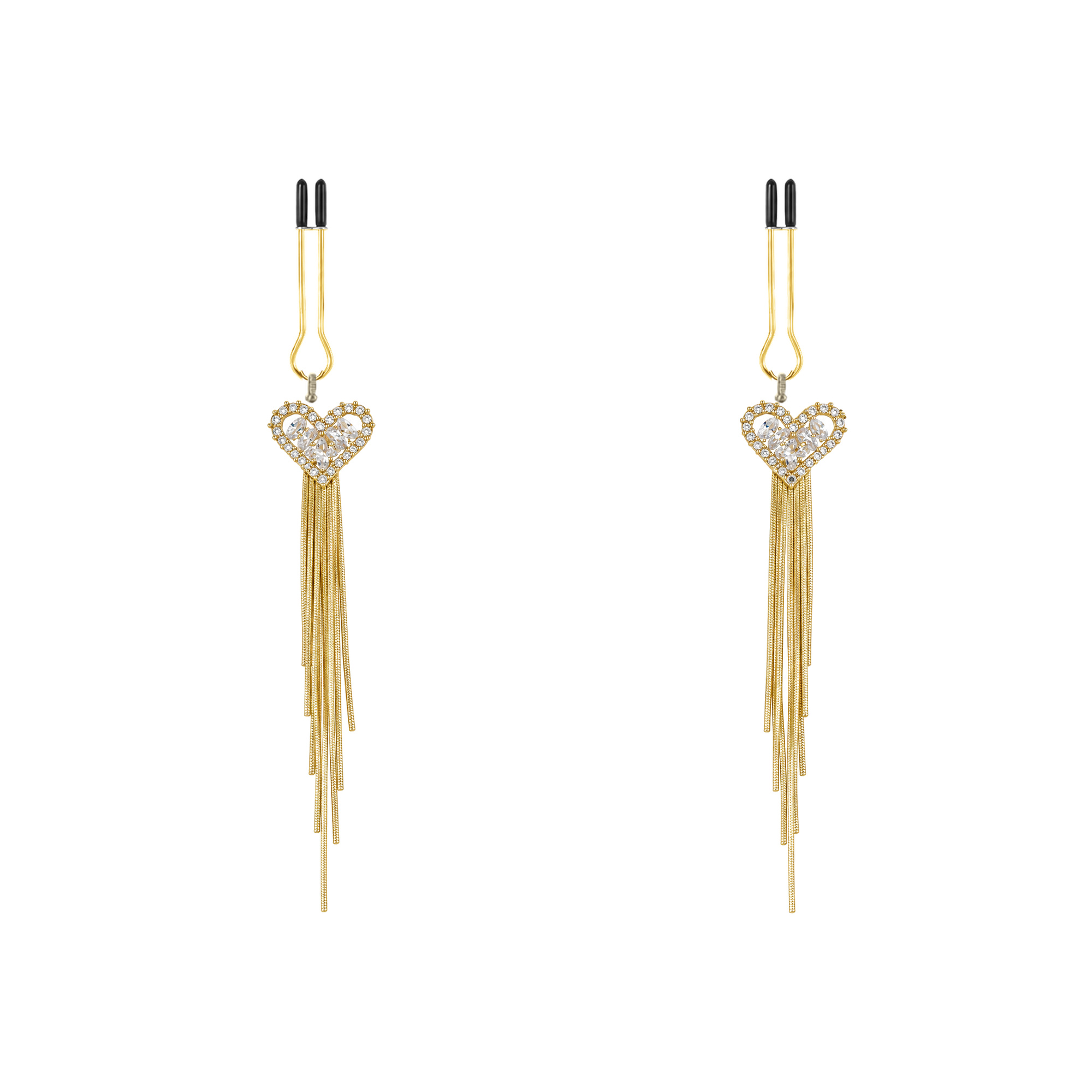 A pair of gold-tone non-piercing clips: heart-shaped motif with long fringe