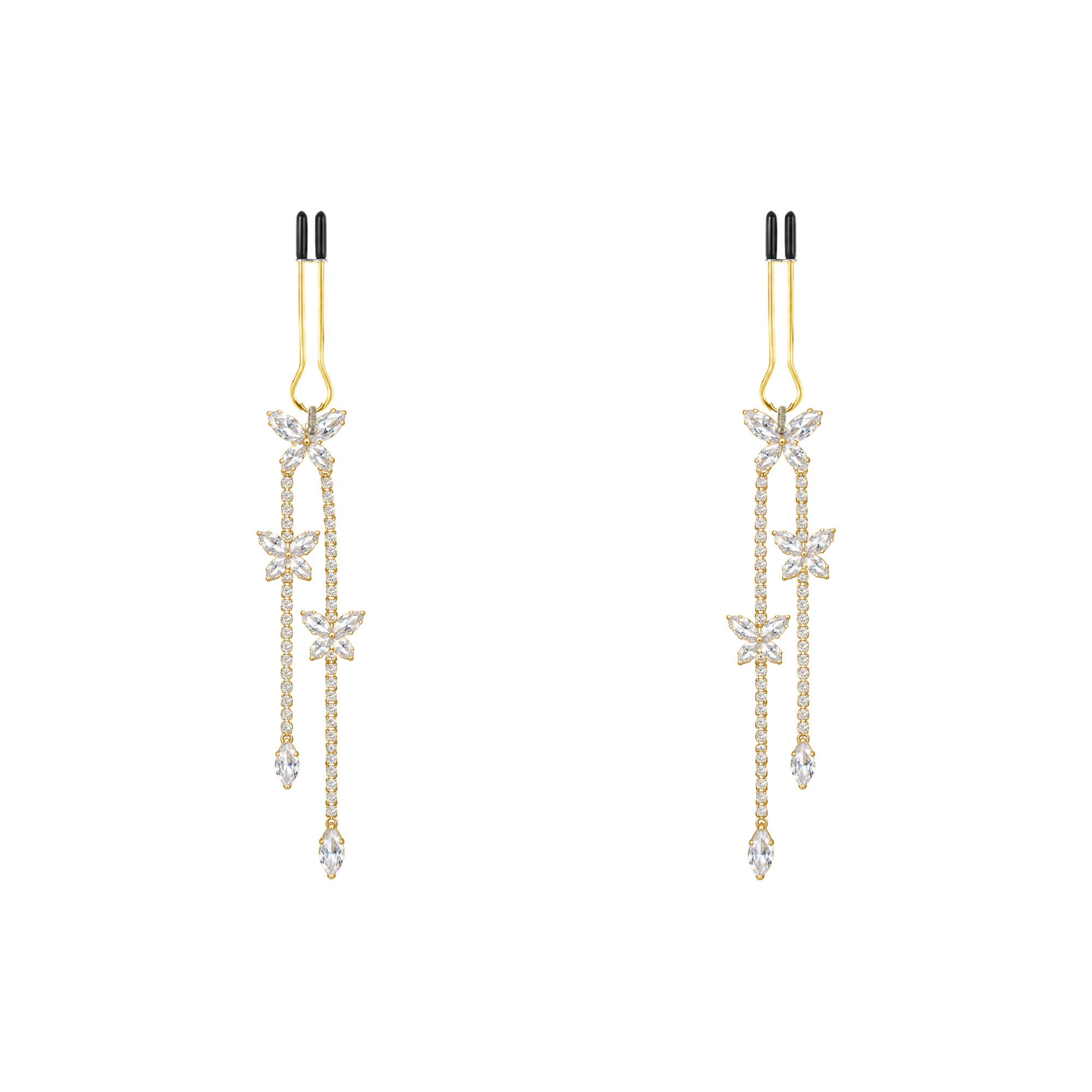 A pair of gold-tone non-piercing clips: star-shaped motifs with dangling strands