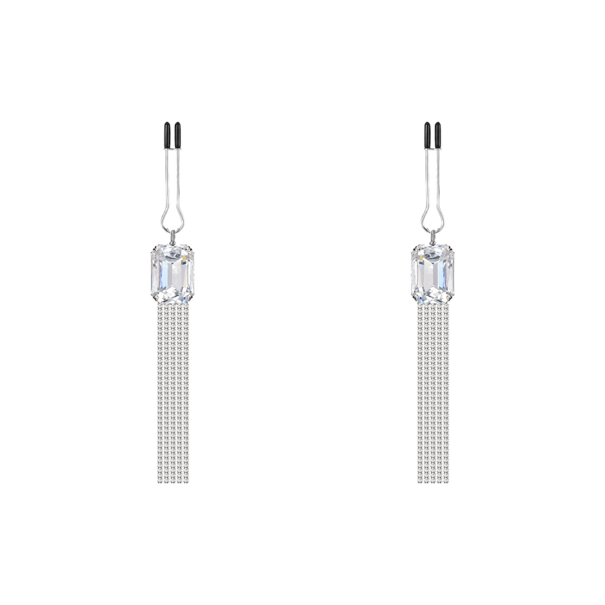 A pair of silver-tone non-piercing clips: rectangular clear accent with fine fringe