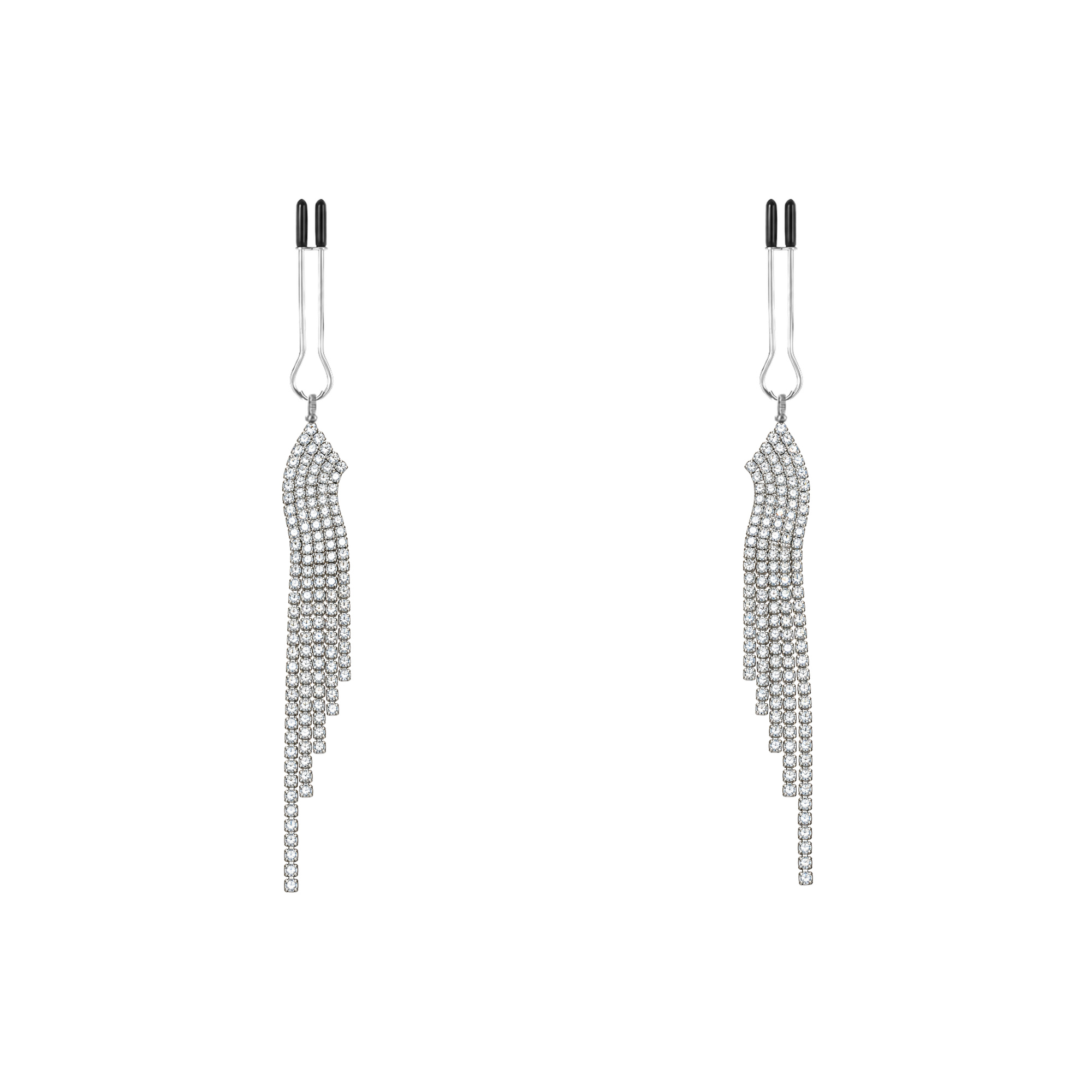 A pair of silver-tone non-piercing clips: angled mesh-like fringe
