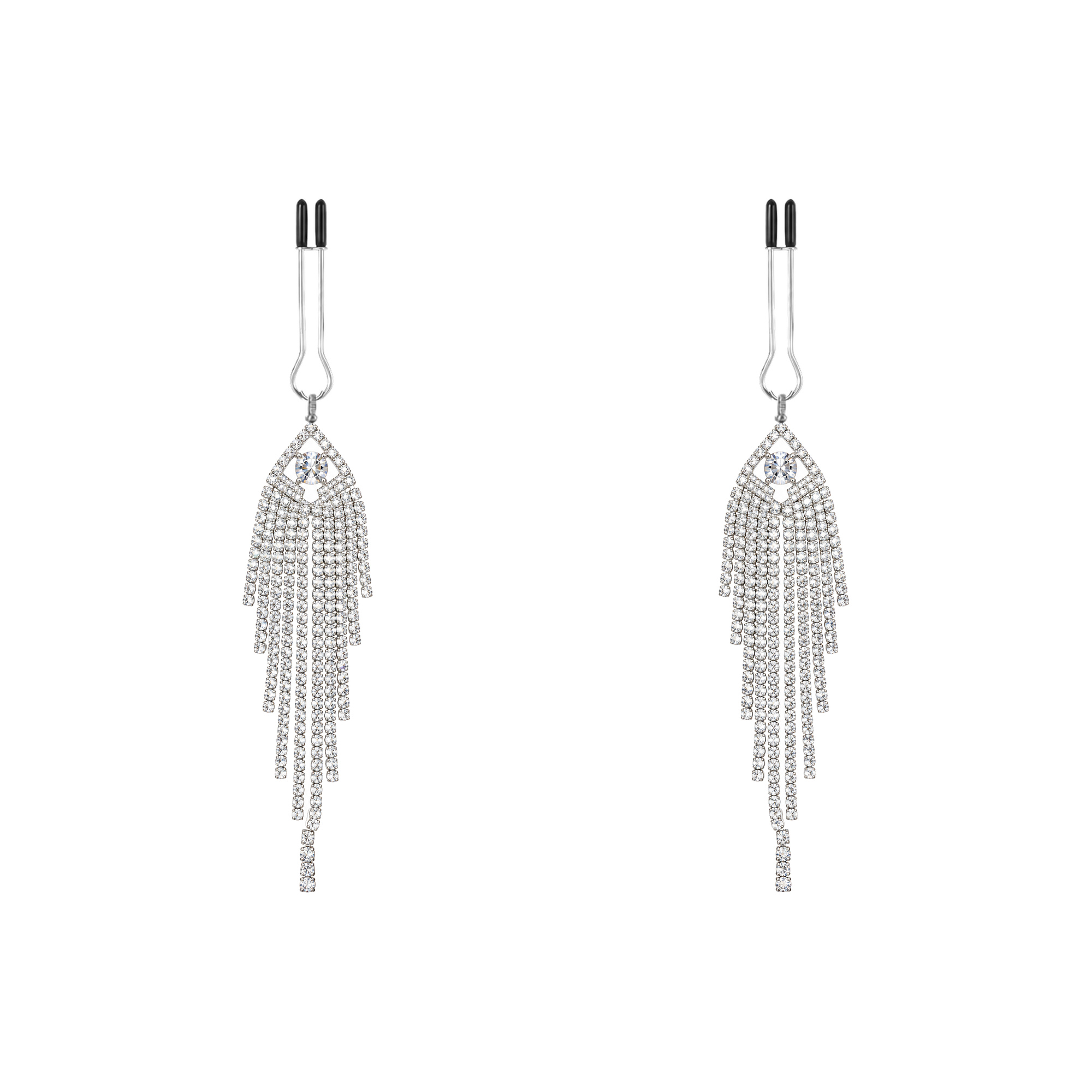 A pair of silver-tone non-piercing clips: pointed motif with layered fringe