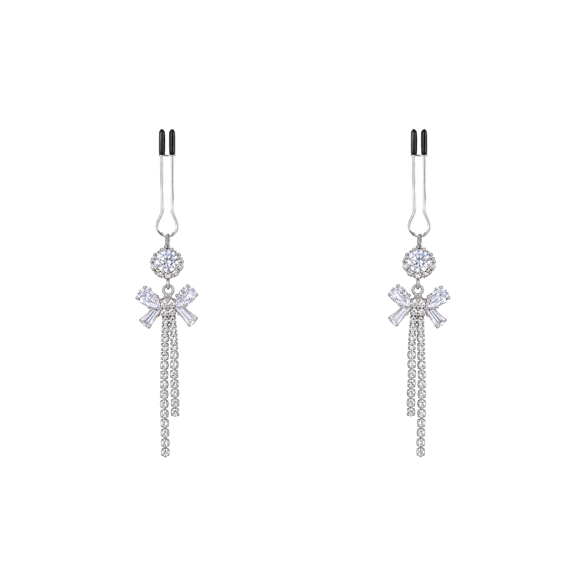 A pair of silver-tone non-piercing clips: bow motif with trailing strands