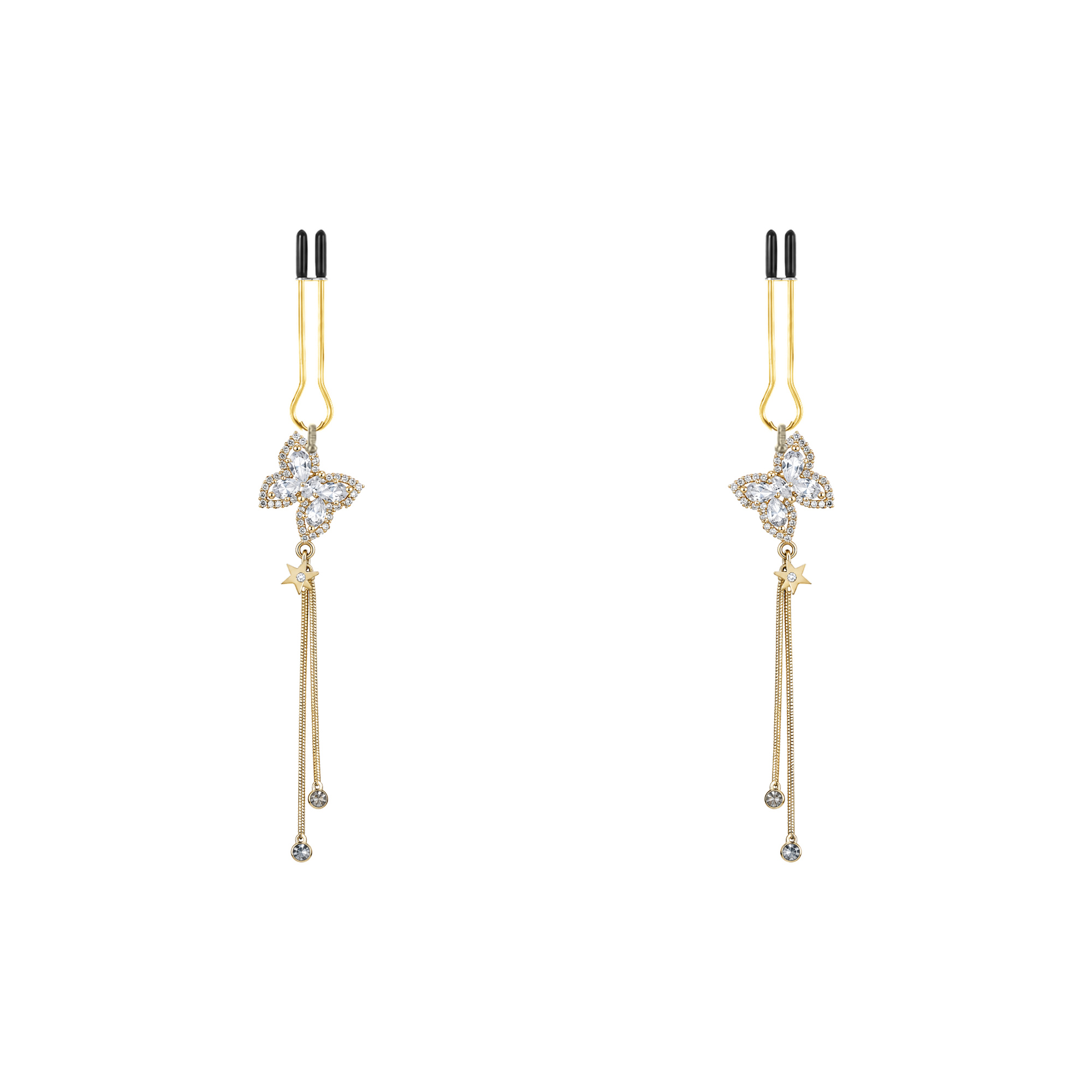 A pair of gold-tone non-piercing clips: butterfly-shaped motif with fine strands