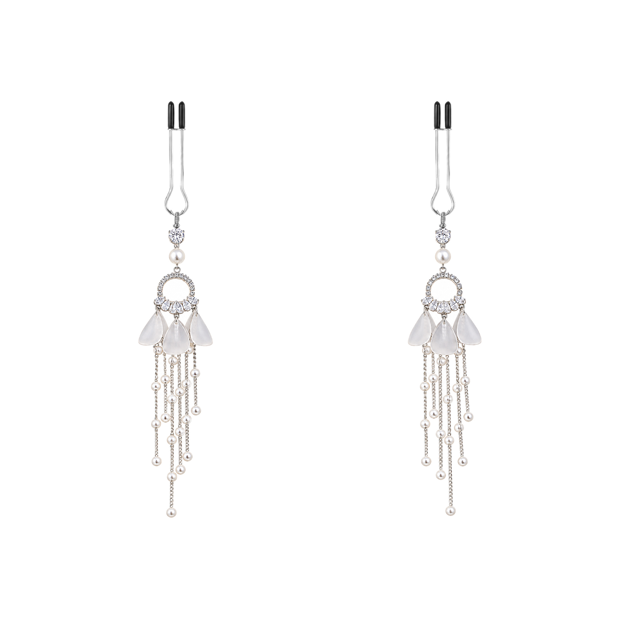 A pair of silver-tone non-piercing clips: translucent petal accents beneath an open ring